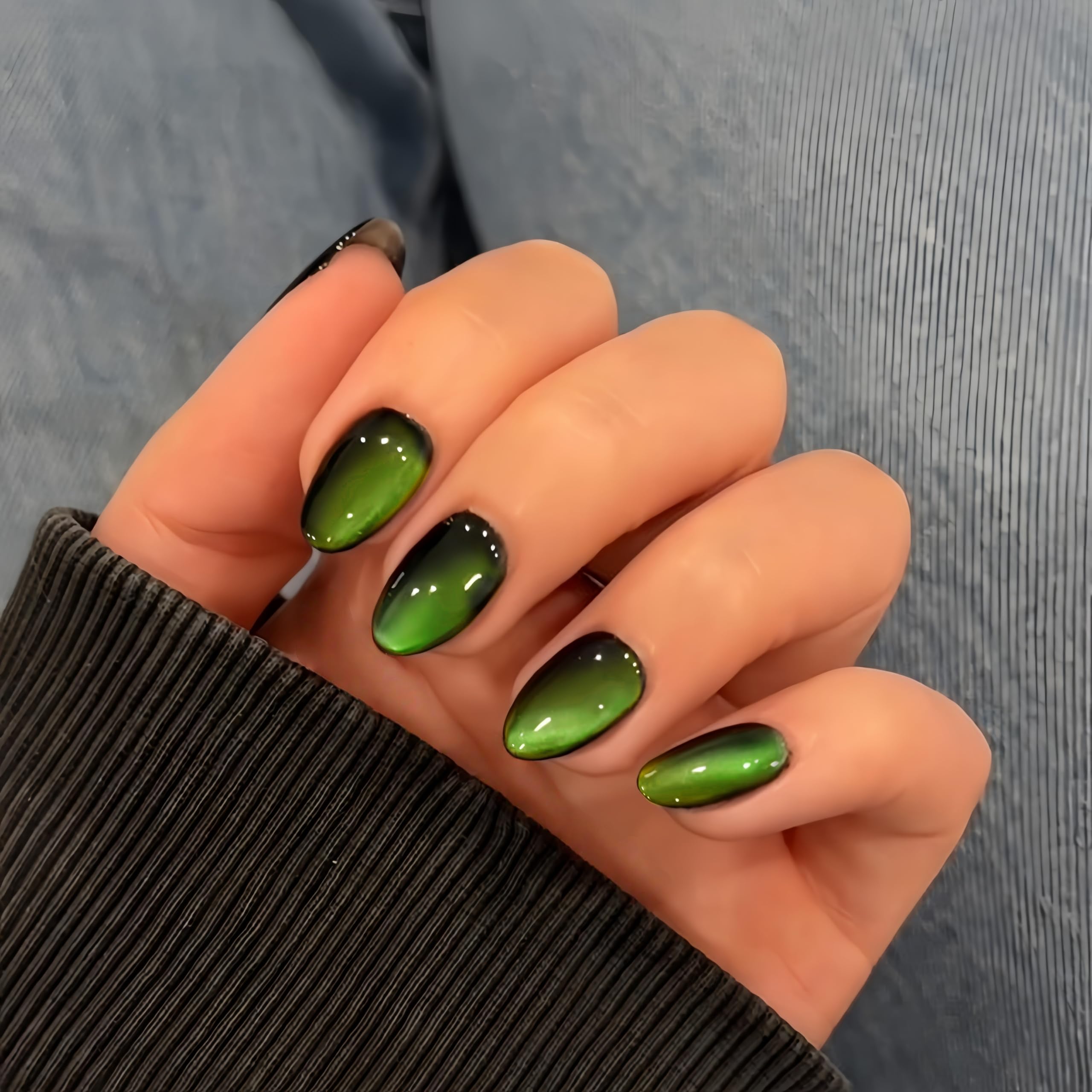 SXVME Soft Gel Press on Nails Extra Short Oval, 30 Pcs Neon Green Cat Eye False Nails Short Almond - Image 2
