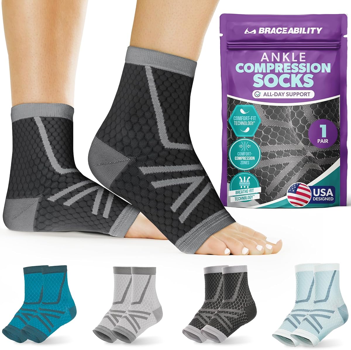 BraceAbility Calcetines deportivos de compresión de tobillo para hombres y mujeres – Tobillera sin dedos para correr, mangas de apoyo para deportes, entrenamientos, fascitis plantar, tendinitis de Aquiles, alivio del dolor de pies (S - negro)