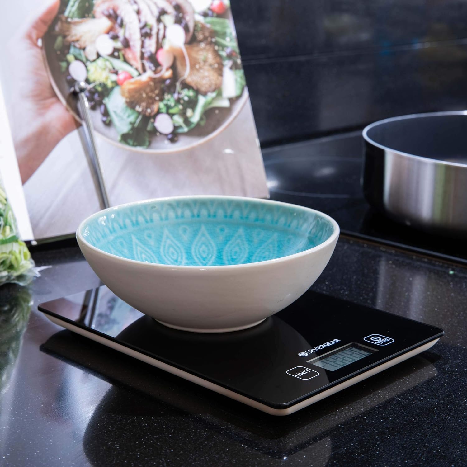 Silvergear Digital Kitchen Scale with a bowl on it, showing a measurement