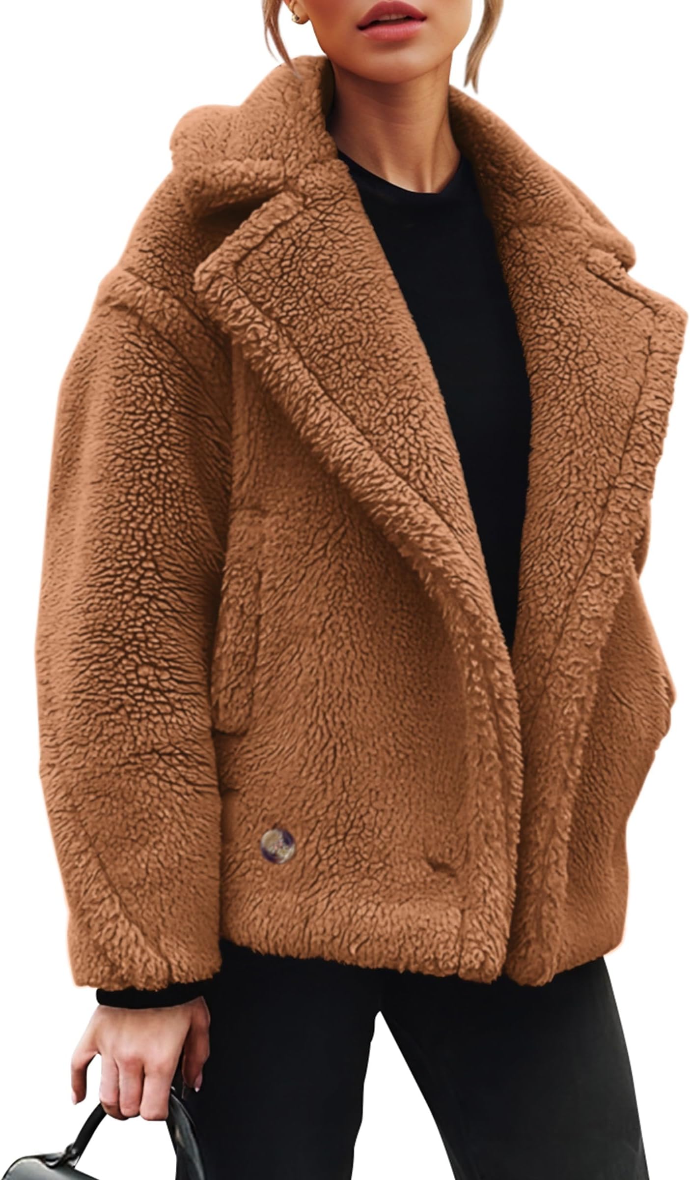 PRETTYGARDENWomens 2024 Winter Fashion Sherpa Coats Lapel Fleece Jacket Long Sleeve Pockets Faux Fur Dressy Fall Outfits