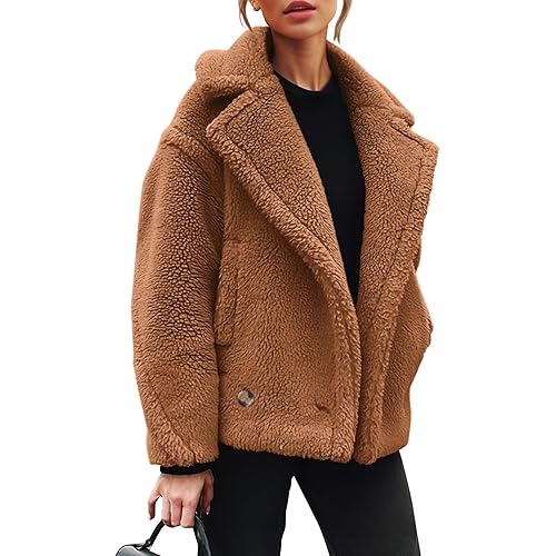 PRETTYGARDEN Womens 2023 Winter Fashion Sherpa Coats Lapel Fleece Jacket Long Sleeve Pockets Faux Fur Dressy Fall Outfits