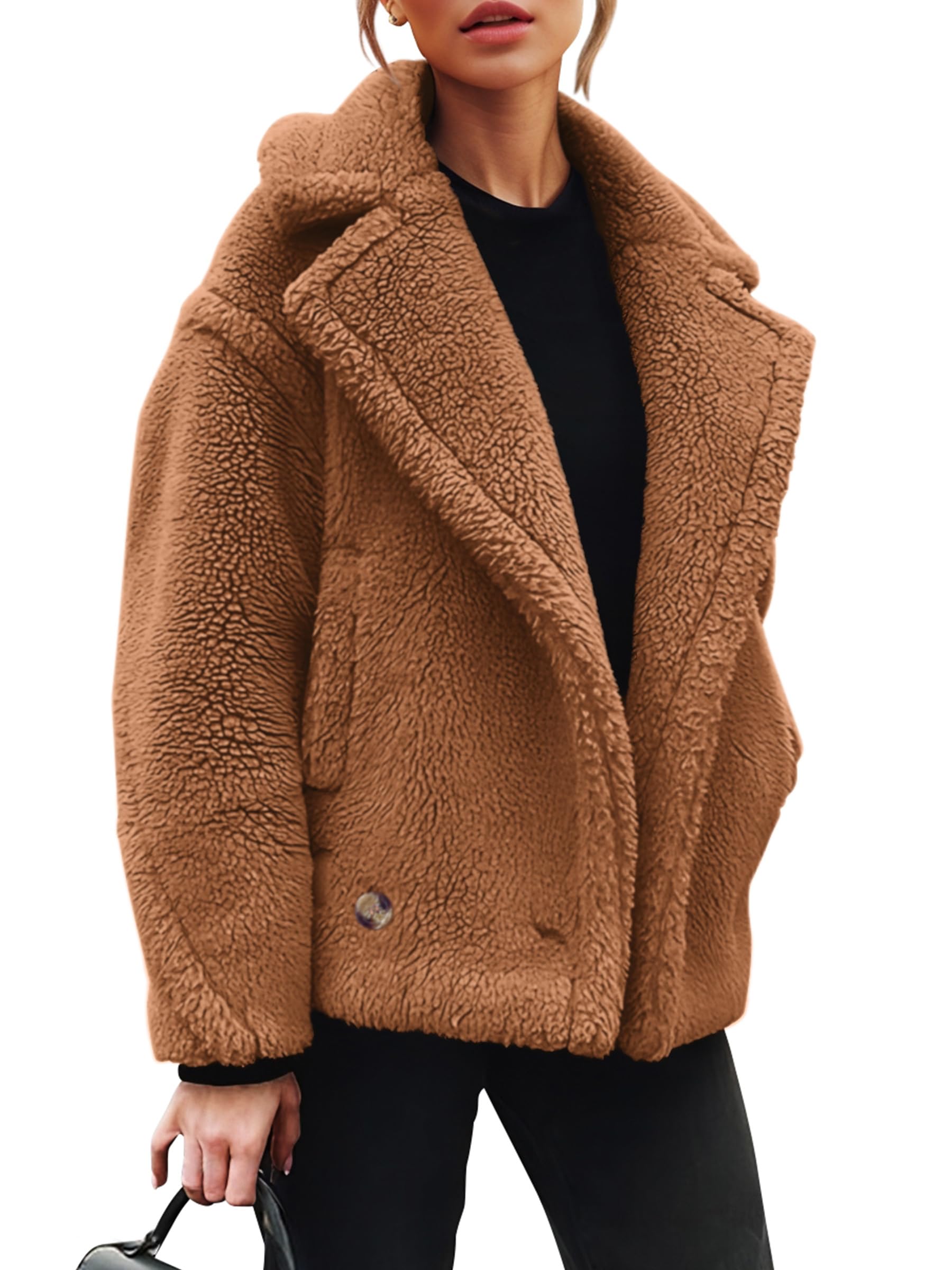 PRETTYGARDENWomens 2024 Winter Fashion Sherpa Coats Lapel Fleece Jacket Long Sleeve Pockets Faux Fur Dressy Fall Outfits