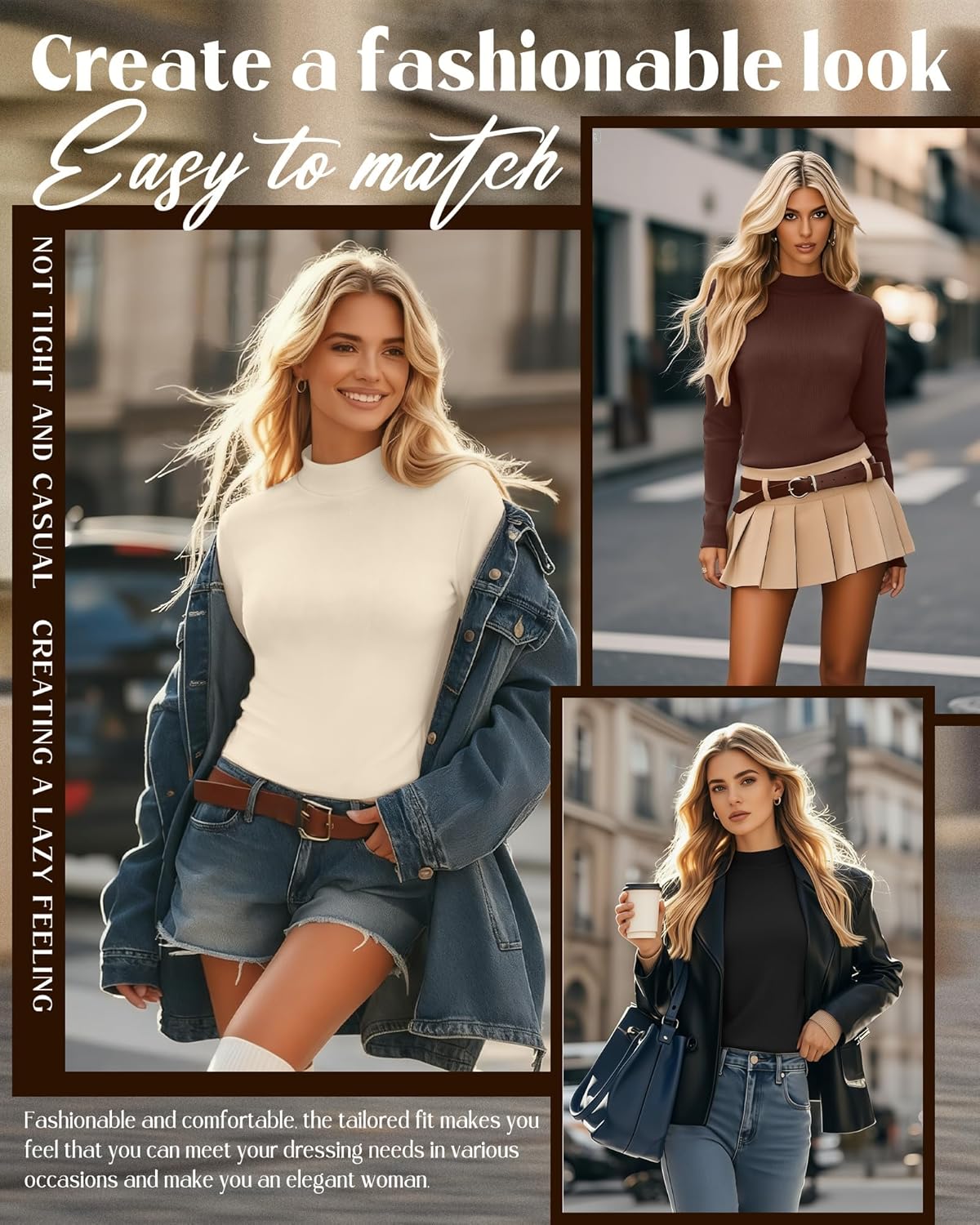 3 Pack Women's Mock Turtleneck Knit Sweaters, Crew Neck Long Sleeve Tops Lightweight Thermal Pullover Basic Shirts - Image 2