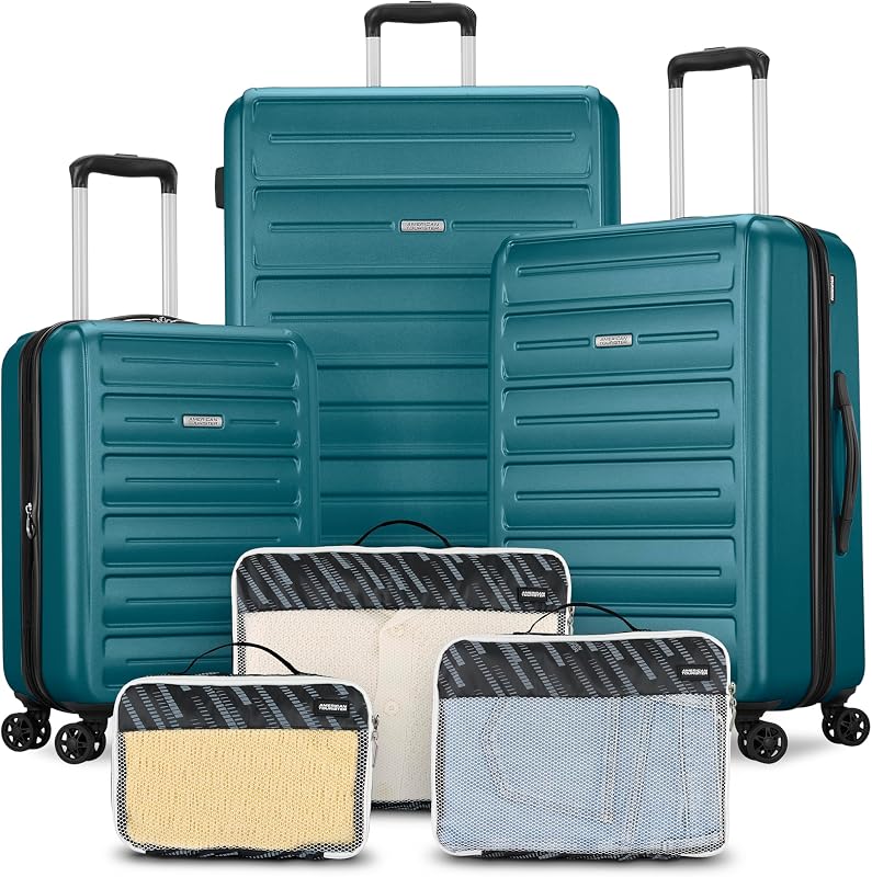 American Tourister Westridge Juego de equipaje - Juego de 3 piezas - Equipaje de mano de 20", equipaje facturado de 24" y 28" con ruedas giratorias de 360° - valija expandibles para viajes prolongados - Incluye 3 cubos de embalaje - Verde azulado