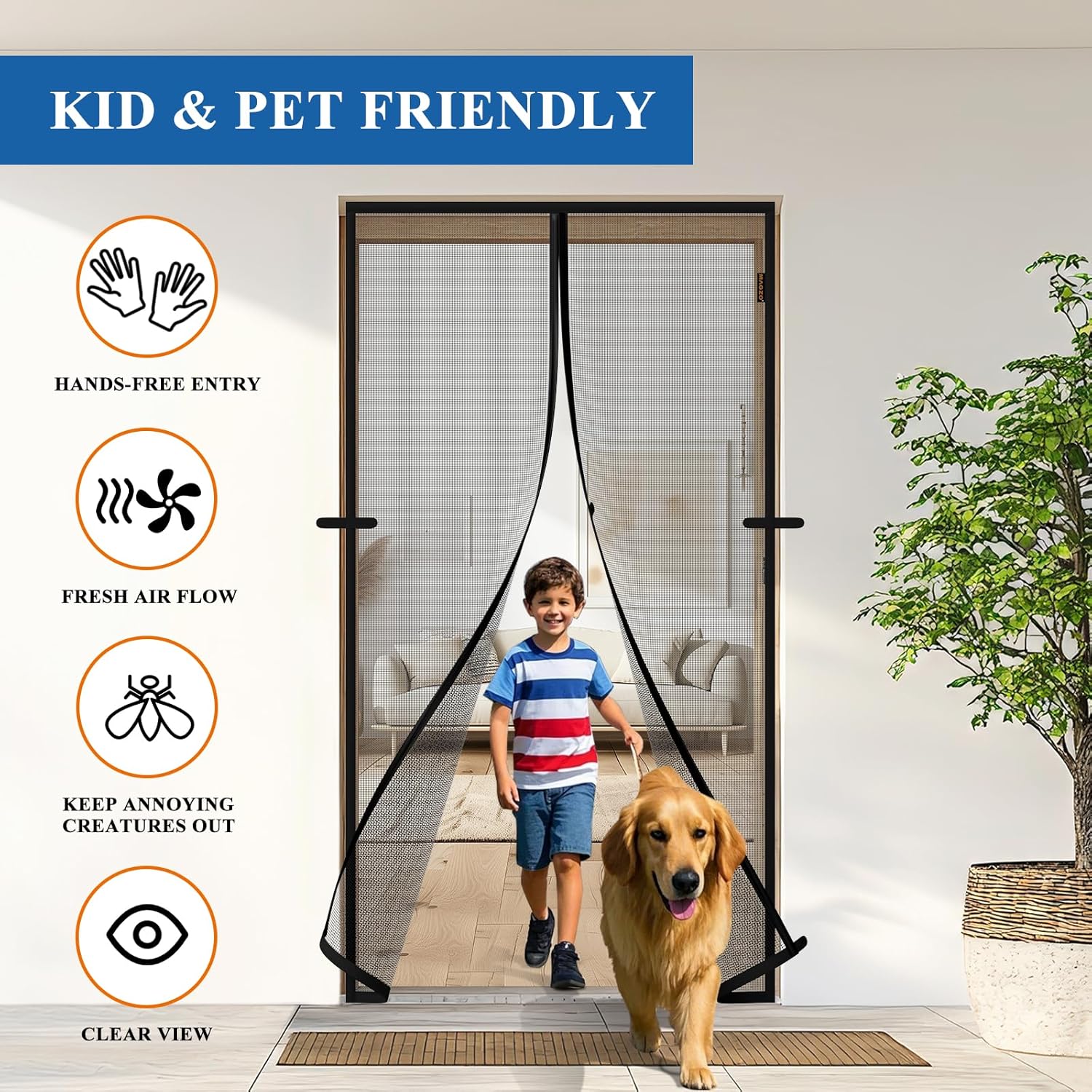 Magnetic Screen Door, Fits Door Size 72'' x 80'', Scratch-Proof Polyester, Classic Middle-Opening, Keep Annoying Creatures Out, Pet Friendly Mesh, Walk Through, Suitable for French/Double Doors, Black