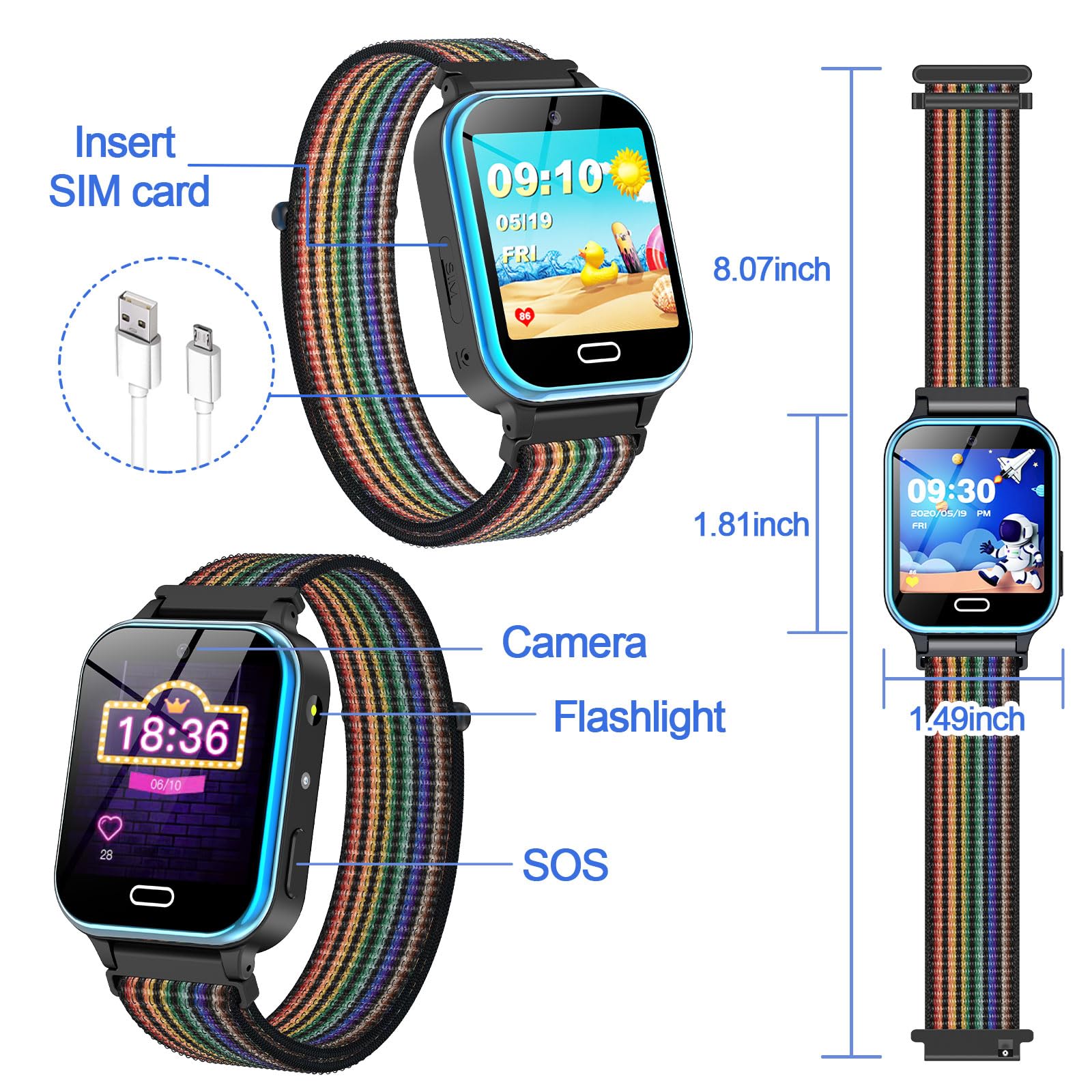 AXYWINBO Smartwatch Fiabe Audiolibri, Smart Watch Telefono Ragazza e Ragazzi, Giochi di Puzzle Lettore Musicale Torcia SOS Contapassi Sveglia, Regalo di Compleanno per Bambini, Nero