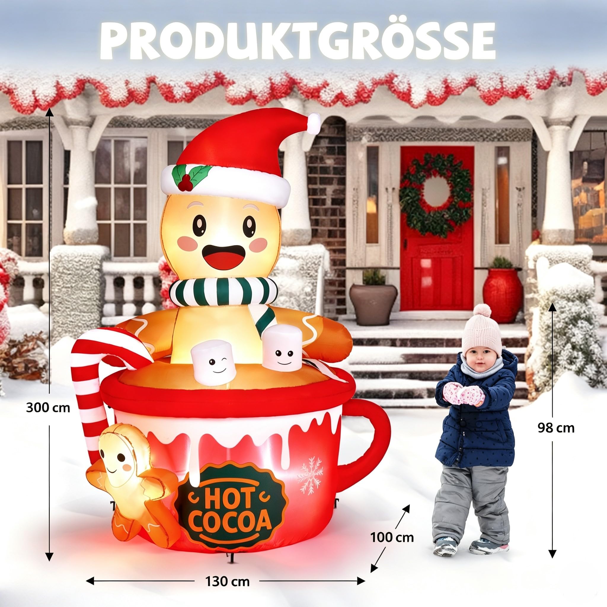 Bonnlo 180 cm Aufblasbarer Lebkuchenmann im Tassen-Design – 5 LEDs, Wetterfest, inklusive Befestigungsmaterial, Weihnachtsdeko Aufblasbar für Innen & Außen
