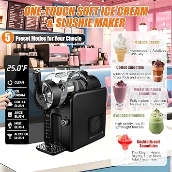 Slush Machine & Ice Cream Maker Machine, 5 Modes for Smoothies, Milkshakes, Cocktails, Margarita, and Ice Cream, With Ice Cream Cone Holder, Self-Cleaning, For Home Use Black