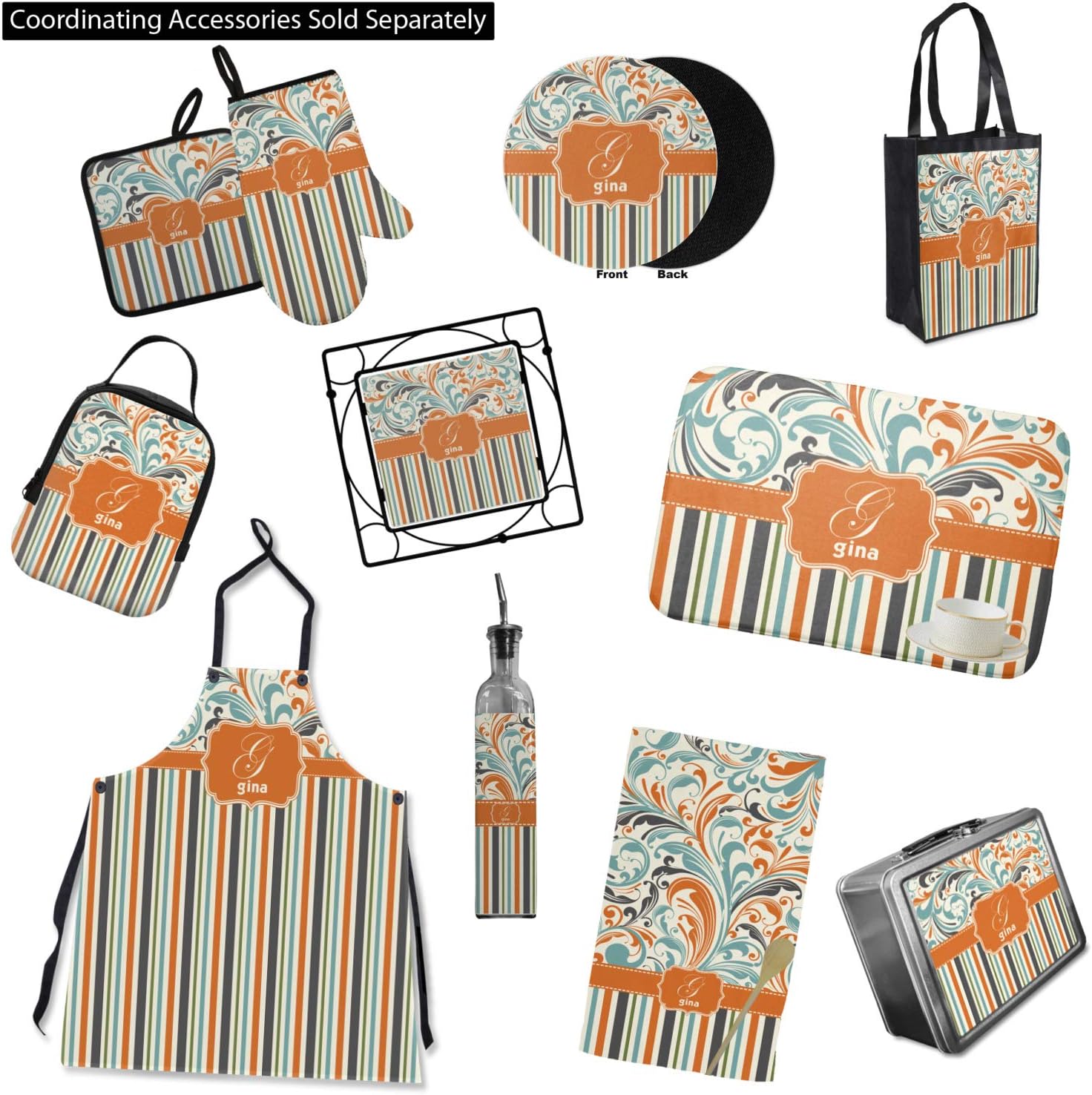 YouCustomizeIt Personalized Orange Blue Swirls & Stripes Neoprene Oven Mitt - Single w/Name and Initial
