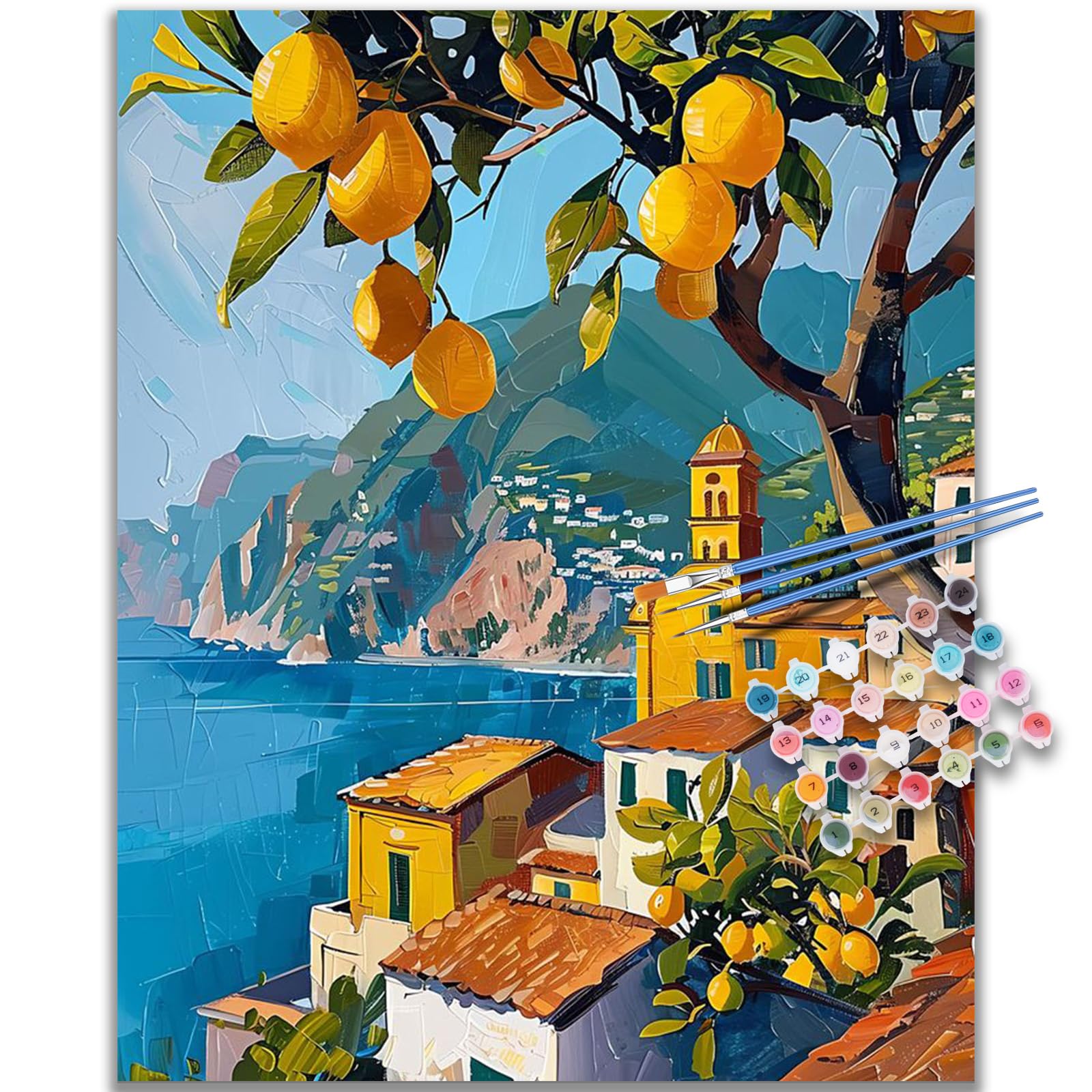 Kalonyth Op-Uk10 Lemon Tree Paint By Numbers For Adults, Seaside Town Adult Paint By Numbers Canvas Kits, Frameless, Diy Acrylic Oil Painting For Stress Relief Home Wall Decor Gift 16X20 Inch