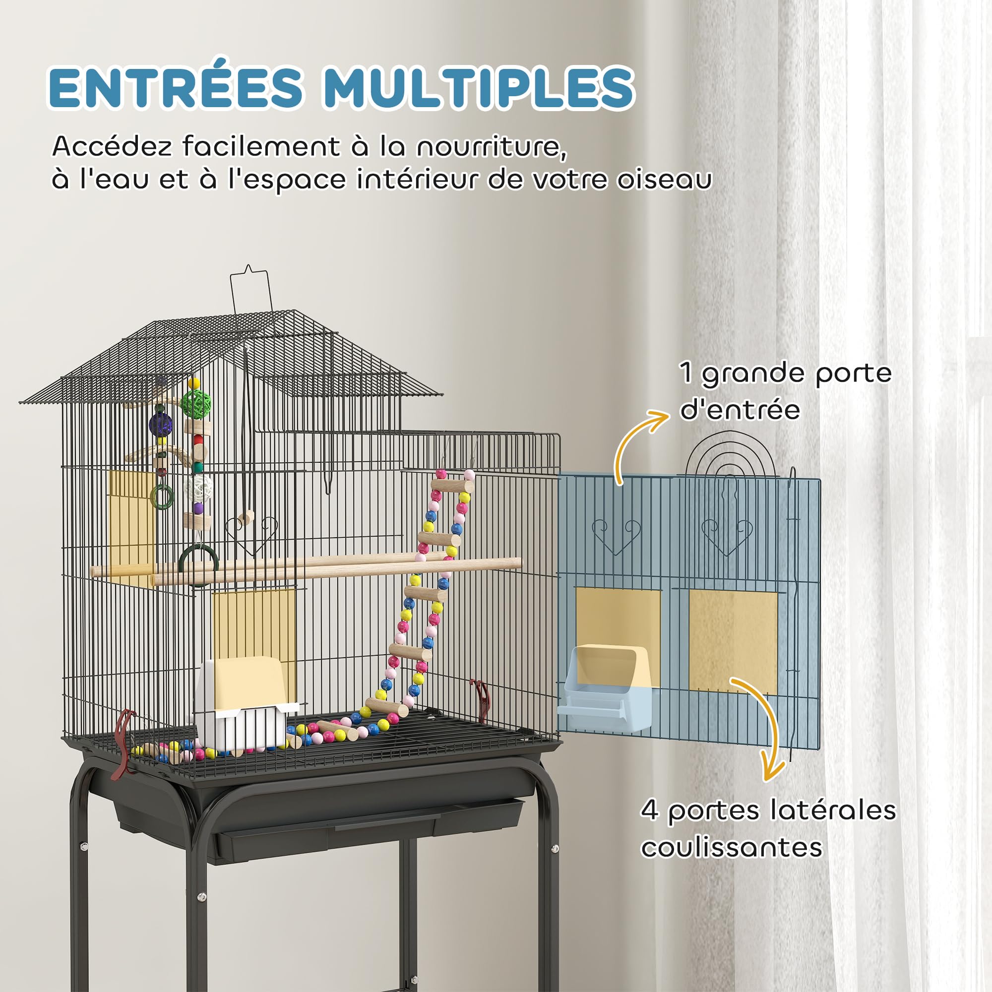 PawHut Cage à Oiseaux sur Roues 46 x 36 x 120 cm 2 mangeoires 2 perchoirs étagère Cage pour Perruche calopsitte Conure Pinson canaris