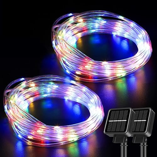 DAMEING Paquete de 2 luces solares de 66 pies, 200 luces LED para exteriores, impermeables, alimentadas por energía solar, con 8 modos de