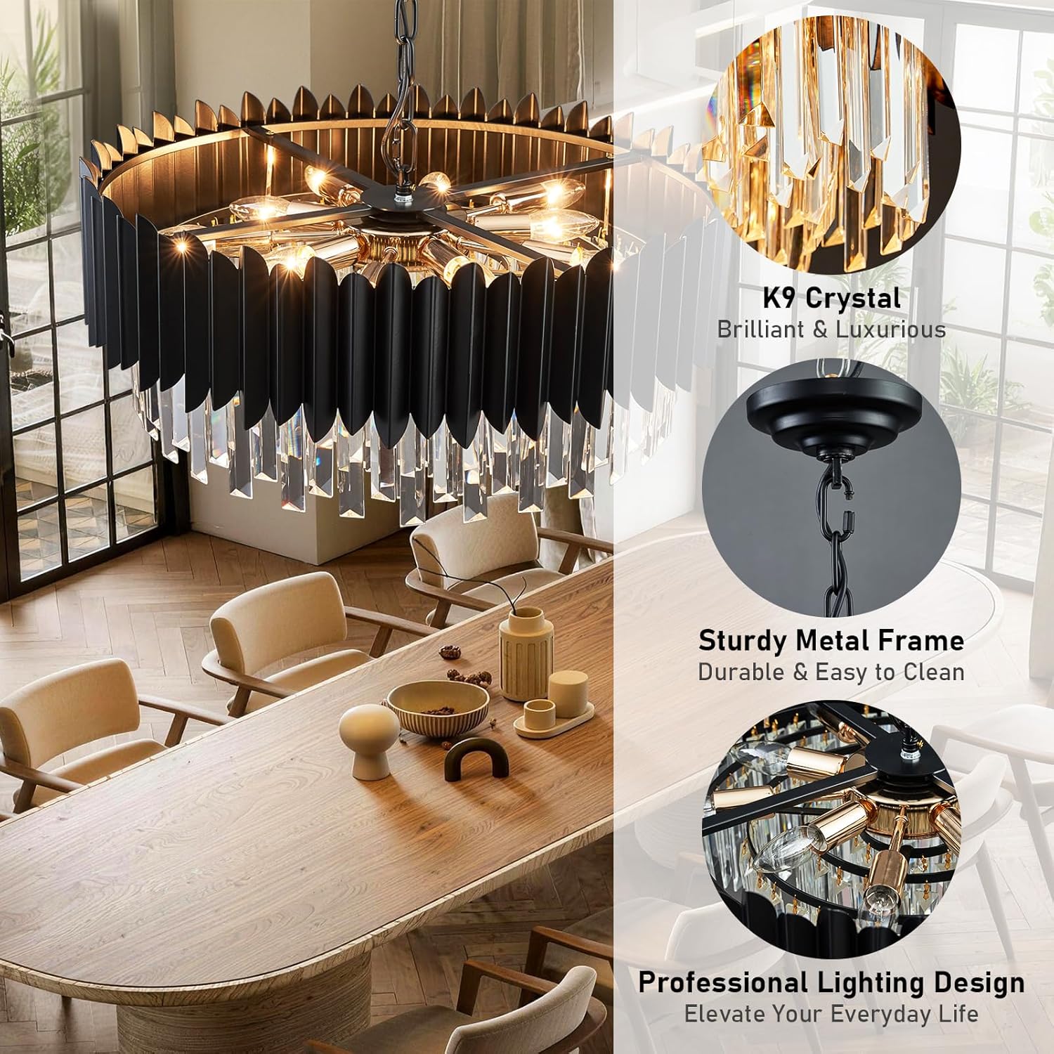 Modern Black Crystal Chandelier 24" Round Chandeliers 8-Lights Ceiling Pendant Light Fixtures 5 Tiers for Dining Room Living Room Bedroom Foyer Entryway