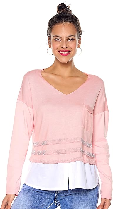 Venca Pull Effet 2 En 1 Col V Et Bandes Fils Metallises Femme 022850 Rose Unica Amazon Fr Vetements Et Accessoires