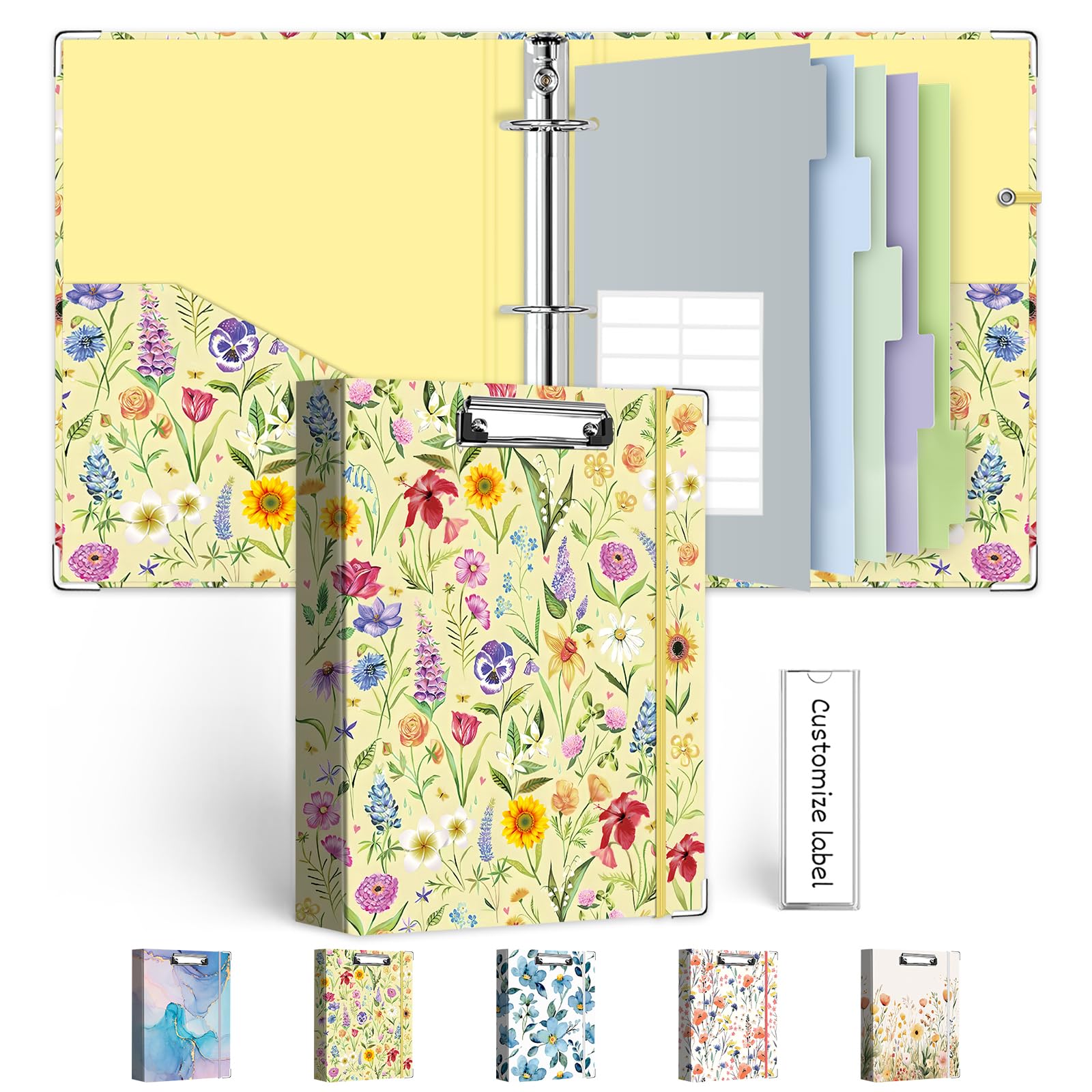 A5 Binder 1 Inch，Mini 3 Ring Binder Organizer with Clipboard, 5-Tabs Pockets Dividers, Plastic Folder, 18 Divider Stikers, Pen Loop (Garden Party, Half Letter Size)