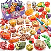 LAUGIGLE 78PCS Pretend Play Cutting Food Set for Kids Kitchen Toys - Realistic Fruits Veggies Pizza with Storage Bag