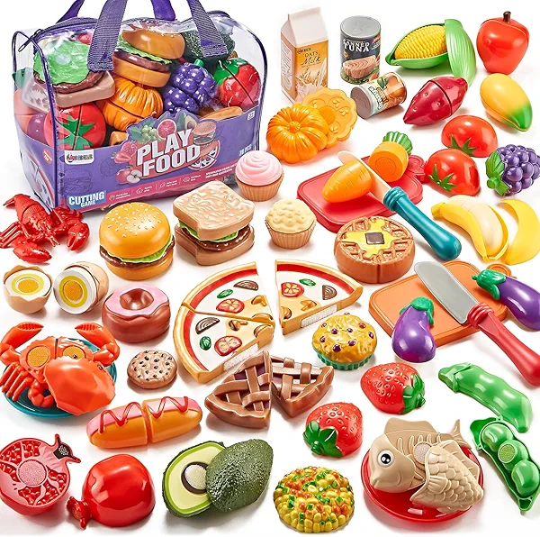 LAUGIGLE Pretend Play Food for Kids Kitchen - 78Pc Cutting Toy with Storage Bag, Toys Veggies, Fruits, Fake Pizza Toy, Food, Accessories, Boys Girls Gift, 9.5 x 7 x 6 in (ZY-78)