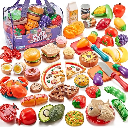 Pretend Play Food for Kids Kitchen, 78Pc Cutting Toy Food with Storage Bag