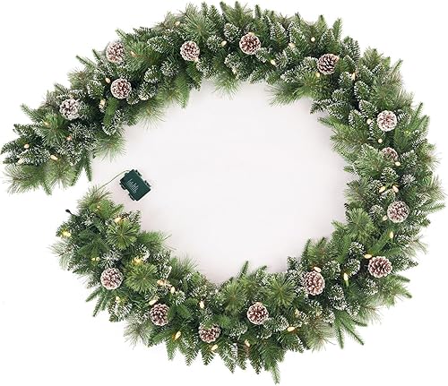 Guirnalda de Navidad preiluminada de 9 pies, pino con piñas esmeriladas, 8 modos de iluminación, funciona con pilas, temporizador de 16 horas,