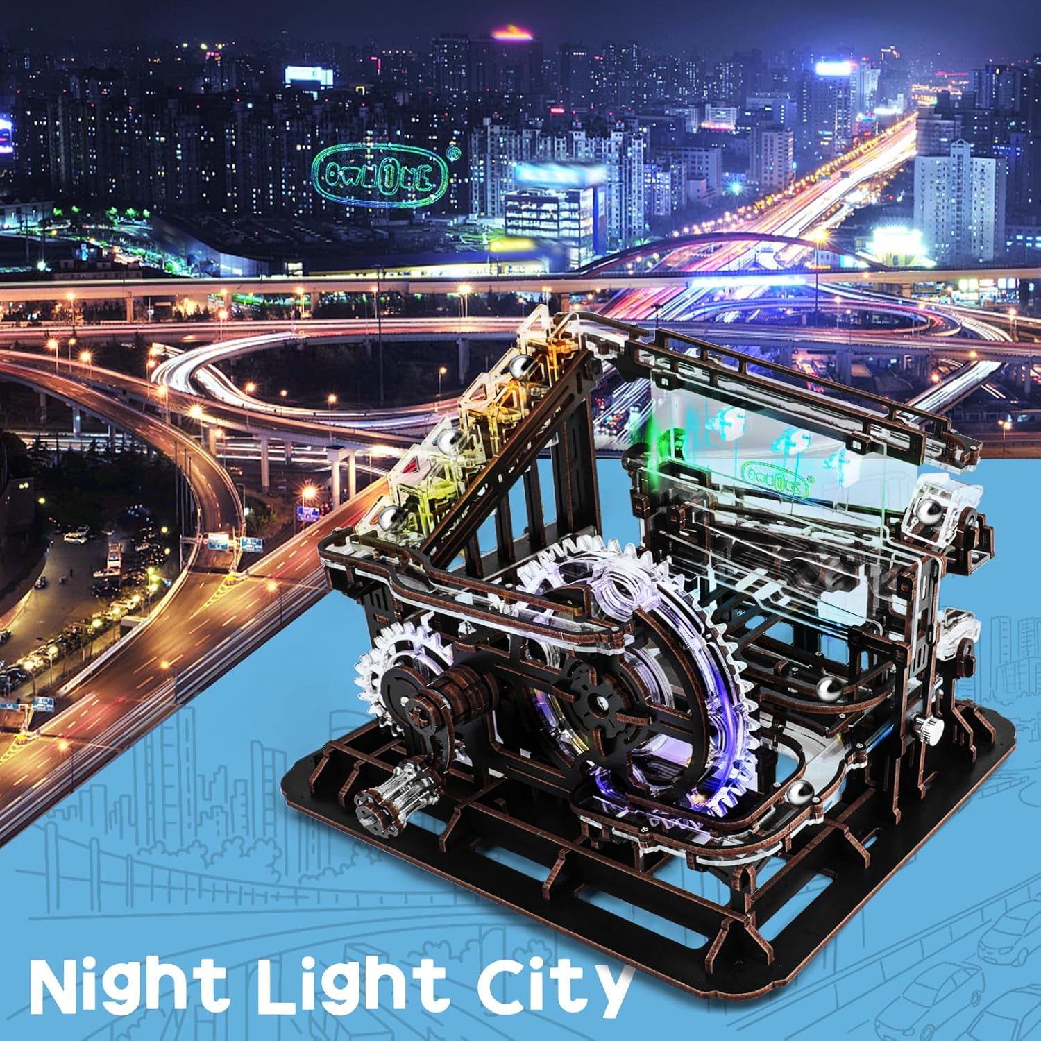 3D Wooden Puzzle Marble Run with LED Lights, Wooden Model Building Kits for Adults, Wood Mechanical Puzzle Building Set, Office Desk Decor Gift for Men Adults (312 PCS)