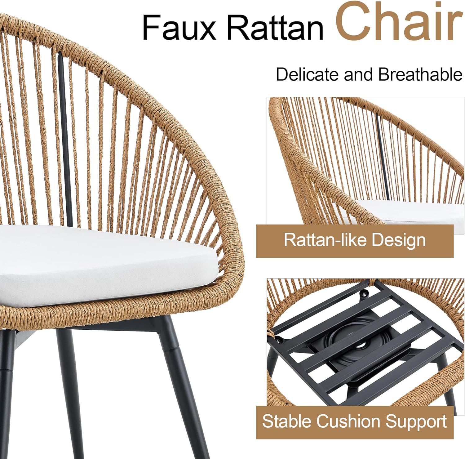 3 Piece Bistro Set - 2 Rattan Swivel Chairs with Anti-Spill Round Coffee Table,Outdoor Bistro Table and Chairs Set of 2 with Black Metal Legs for Backyard, Baclcony，No Assembly Required