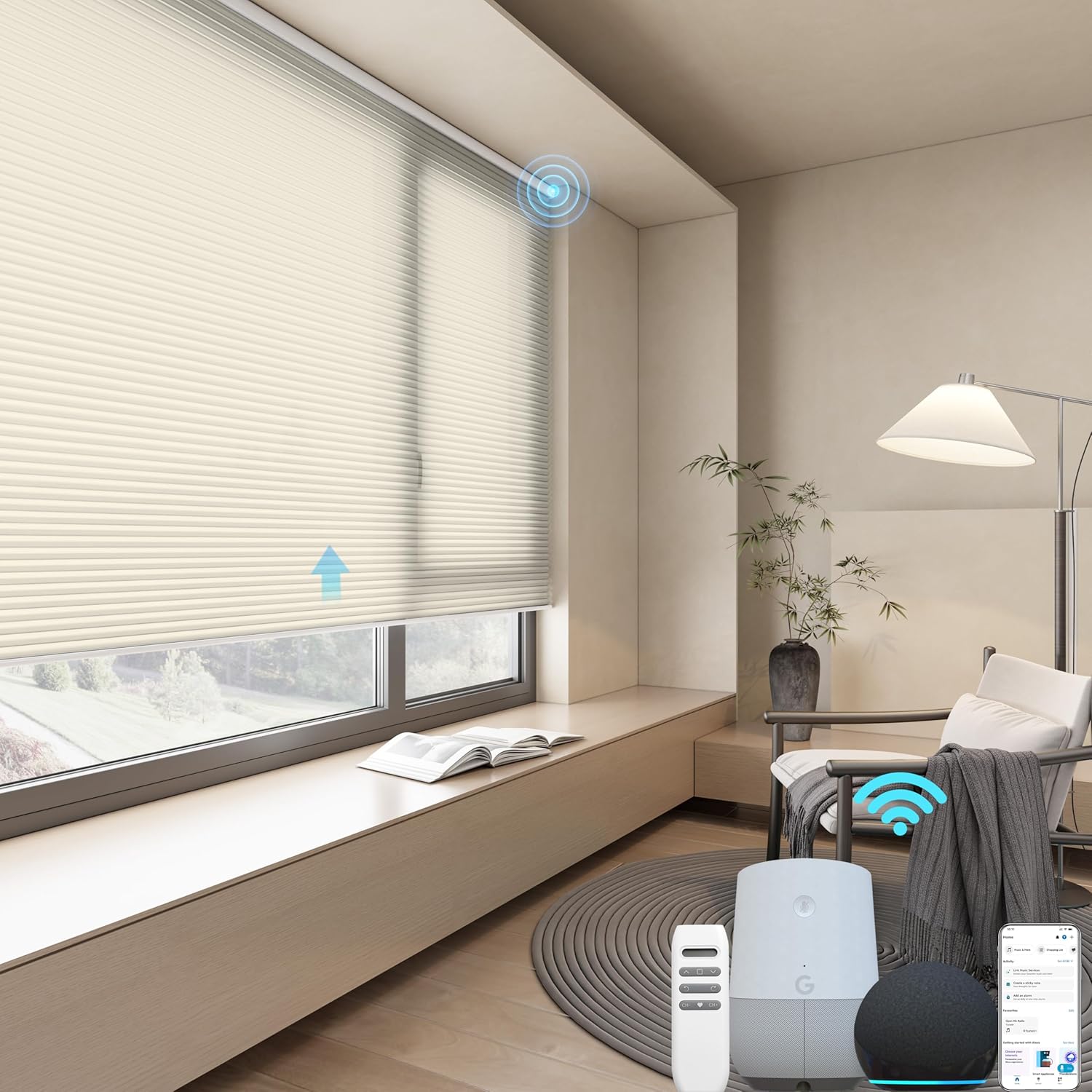 Motorized Cellular Shades with Remote, Light Filtering Smart Cellular Shades Compatible with Alexa, Honeycomb Window Blinds for Bedroom Home Office, Custom Size, Half Shading Brown