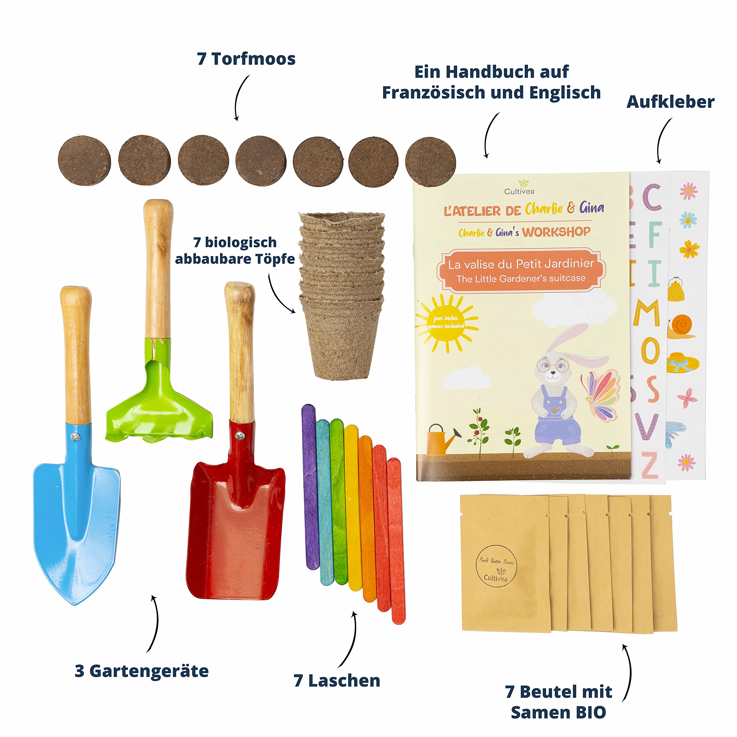 Cultivea® Stickers-Koffer - Anzuchtset - Sämlingstöpfe - Samen 100% biologisch - Spiel und Spaß - Geschenkidee für Kinder (Tomate, Eichblattsalat, Erdbeere, Basilikum, Kornblume, Bohne, Rettich)