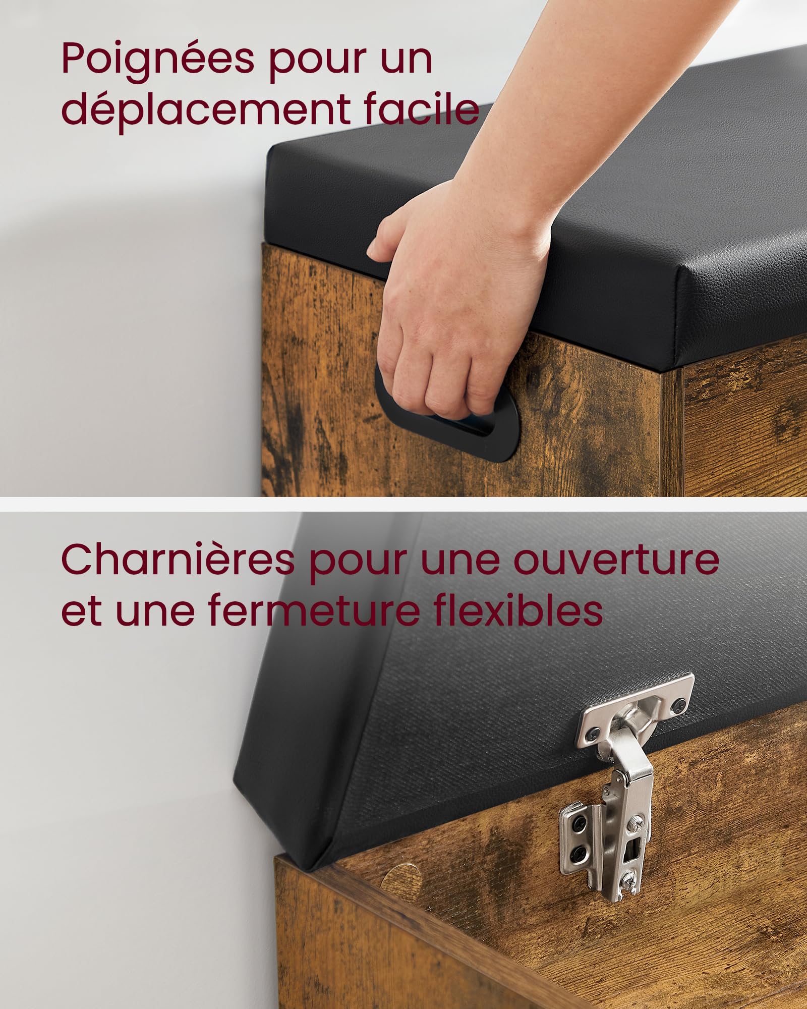 VASAGLE Banc à Chaussures Rembourré, Banc de Rangement, Rangement Caché, Étagères, Meuble d'Entrée, Capacité de Charge 136 kg, 30 x 80 x 44 cm, Marron Rustique et Noir d’Encre LHS30BX