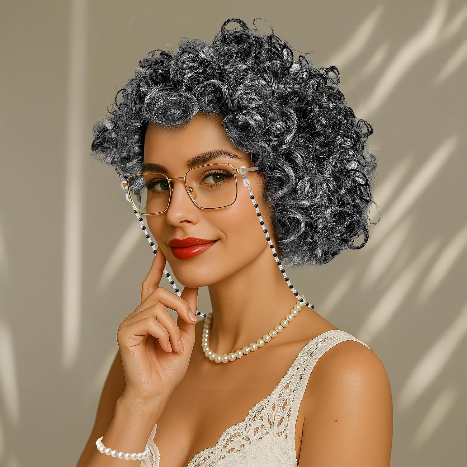 Huskein Old Lady Costume for Kids, Dark Gray Curly Wig Glasses Wig Cap Pearl Necklace Bracelet for 100 Days of School Costume