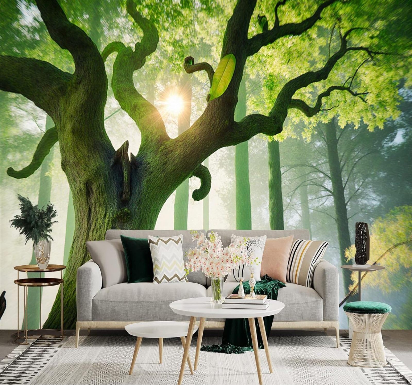 XLMING Fresh Sunshine Large Trees Green Misty Forest 3D Wallpaper Premium Textured Silk Study Dining Living Room Bedroom Sofa TV Wall Easy Install-400cm×280cm