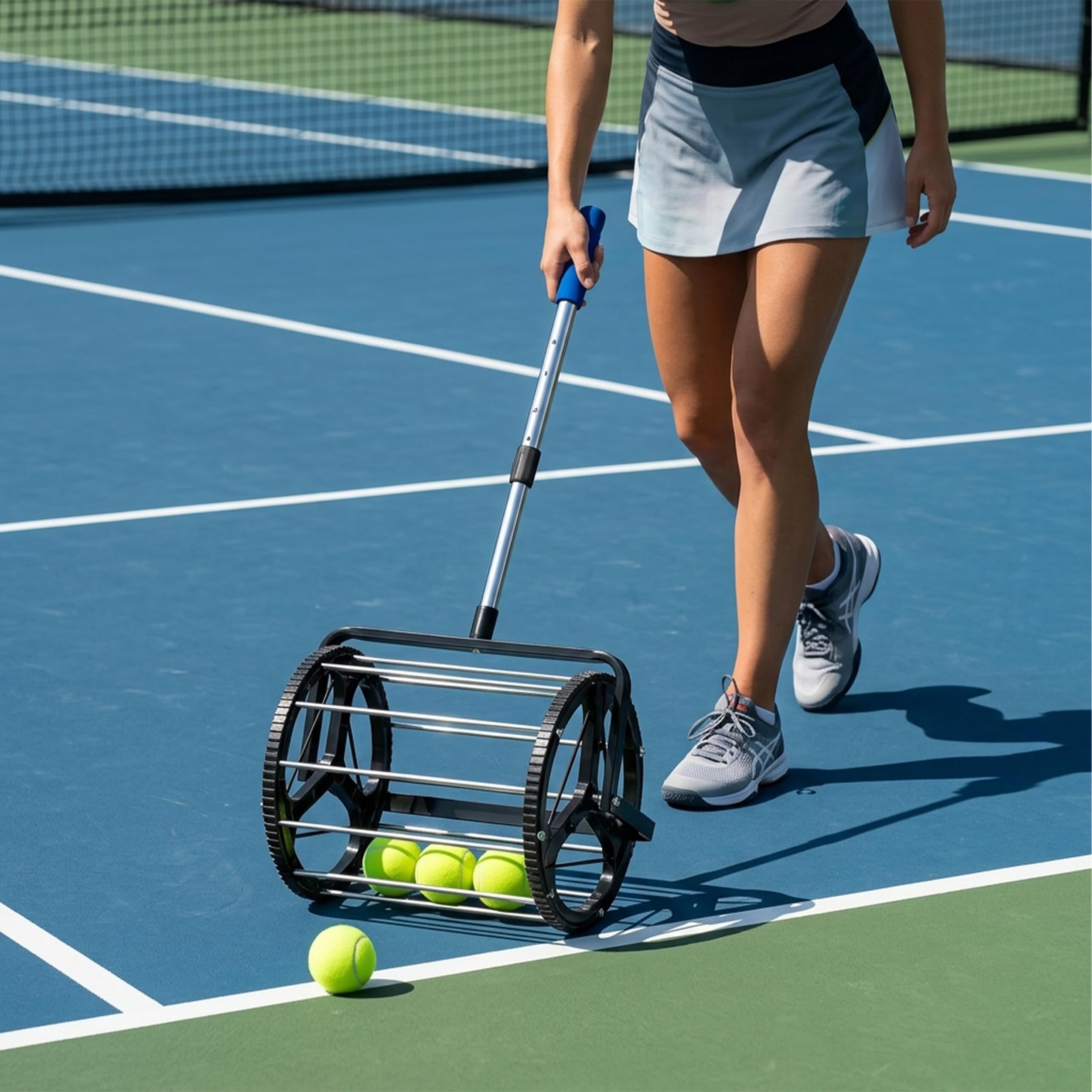 Relaxdays Raccoglitore per Palline da Tennis, 106x29x27 cm, Metallo, Manico telescopico, Ruote, Nero/Argento