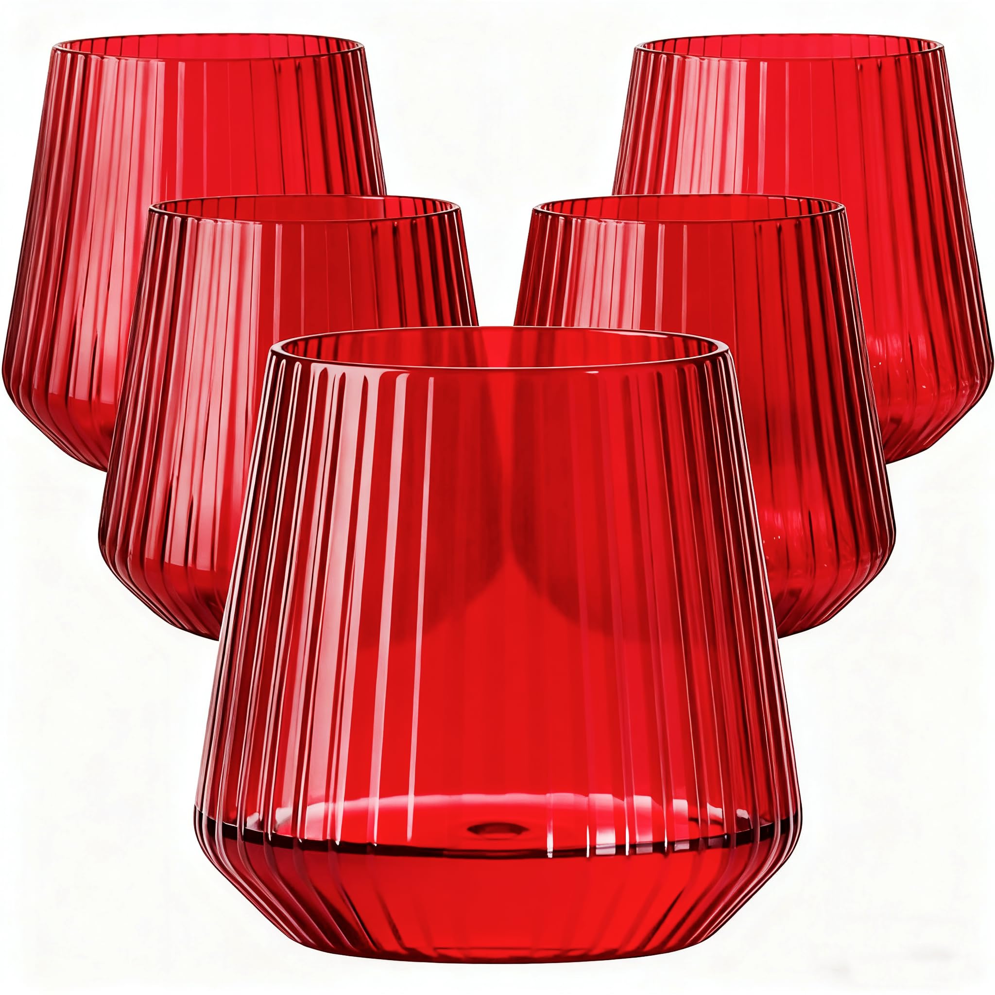 Lueumxc 40 Pack Plastic Ribbed Wine Glasses, 14Oz Origami Disposable Wine Glasses Unbreakable Clear Plastic Cocktail Glasses Recyclable Shatterproof Reusable Wine Cups (14oz-red-40pack)