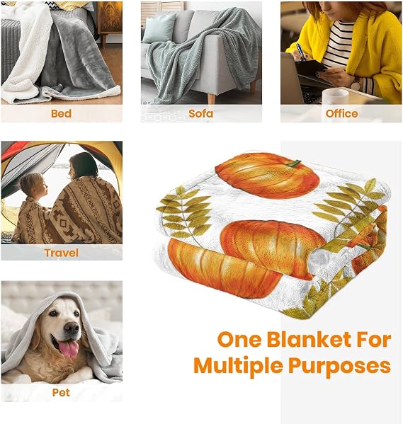 JOOCAR Harvest Season Autumn Throw Blanket Pumpkin Apple Farmhouse Yellowing Fallen Leaves Blanket Cozy Soft Lightweight Flannel Plush Blankets for Bed Couch Living Room Sofa Chair,50x60 Inch