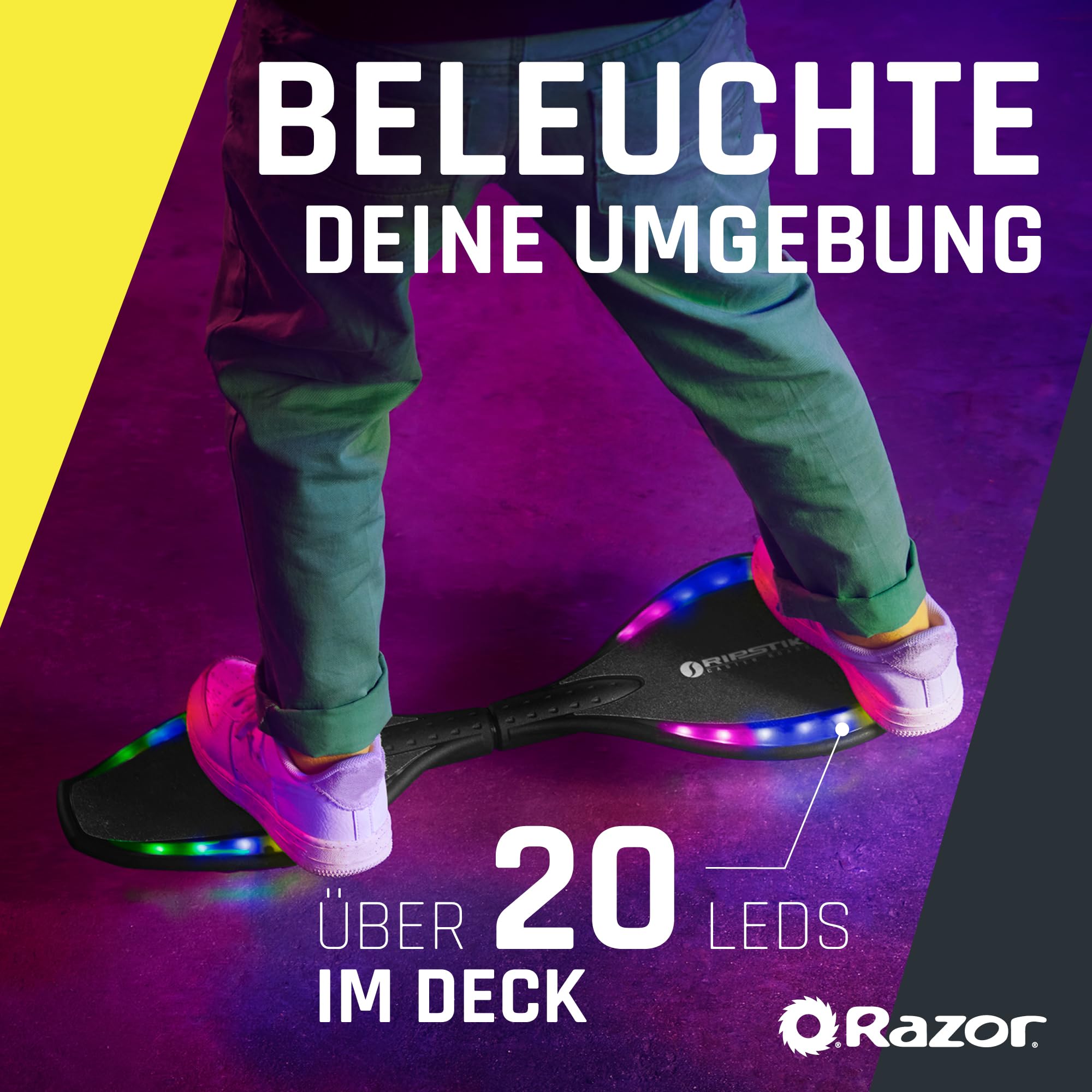 Razor Ripster Lightshow Waveboard - Rollbrett für Kinder ab 8 Jahren mit 360° Lenkung, bewegungsaktiviertem Lichtdeck, 5 Lichtmodi, Anti-Rutsch, kompaktes & leichtes 2-Rad-Board - Schwarz