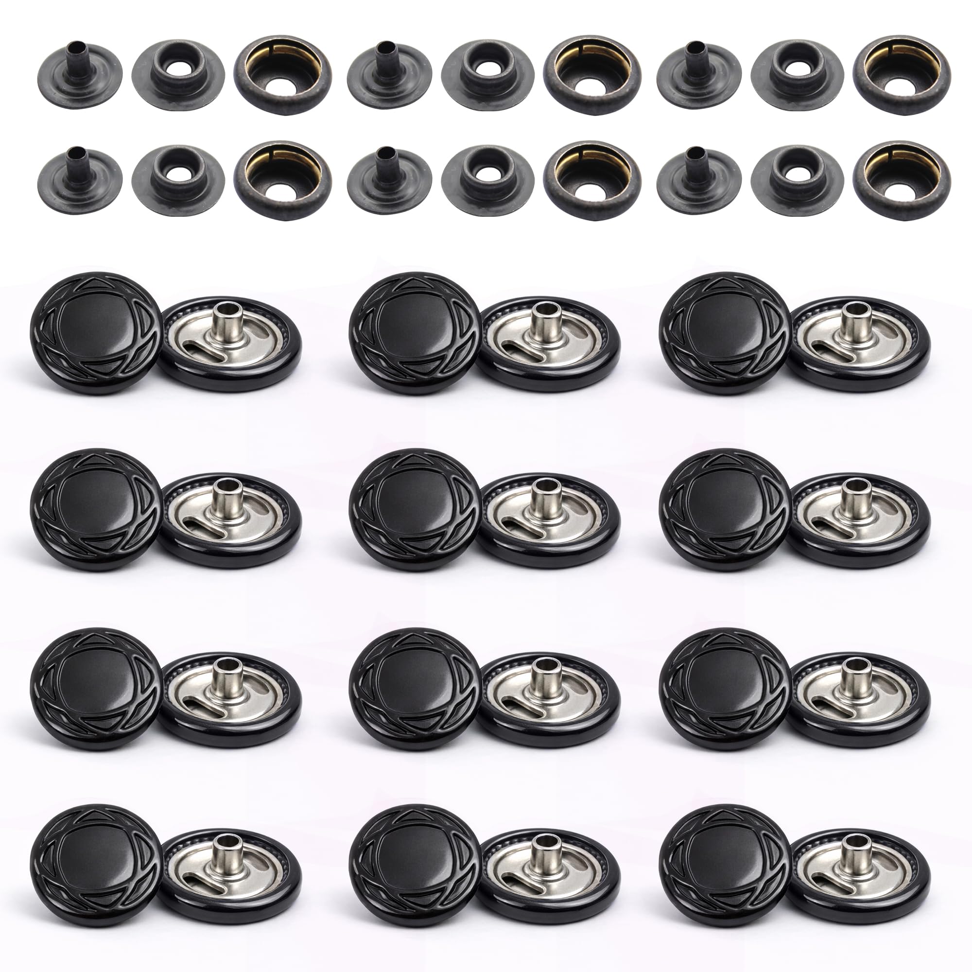 WedDecor Matt Black 15mm Press Studs Heavy Duty Metal Nickle Free 4 Parts Snap Fasteners Rivets Button for Leather Crafts, Jackets, Bags, Straps, Jeans, Clothes Repair - Pack of 250