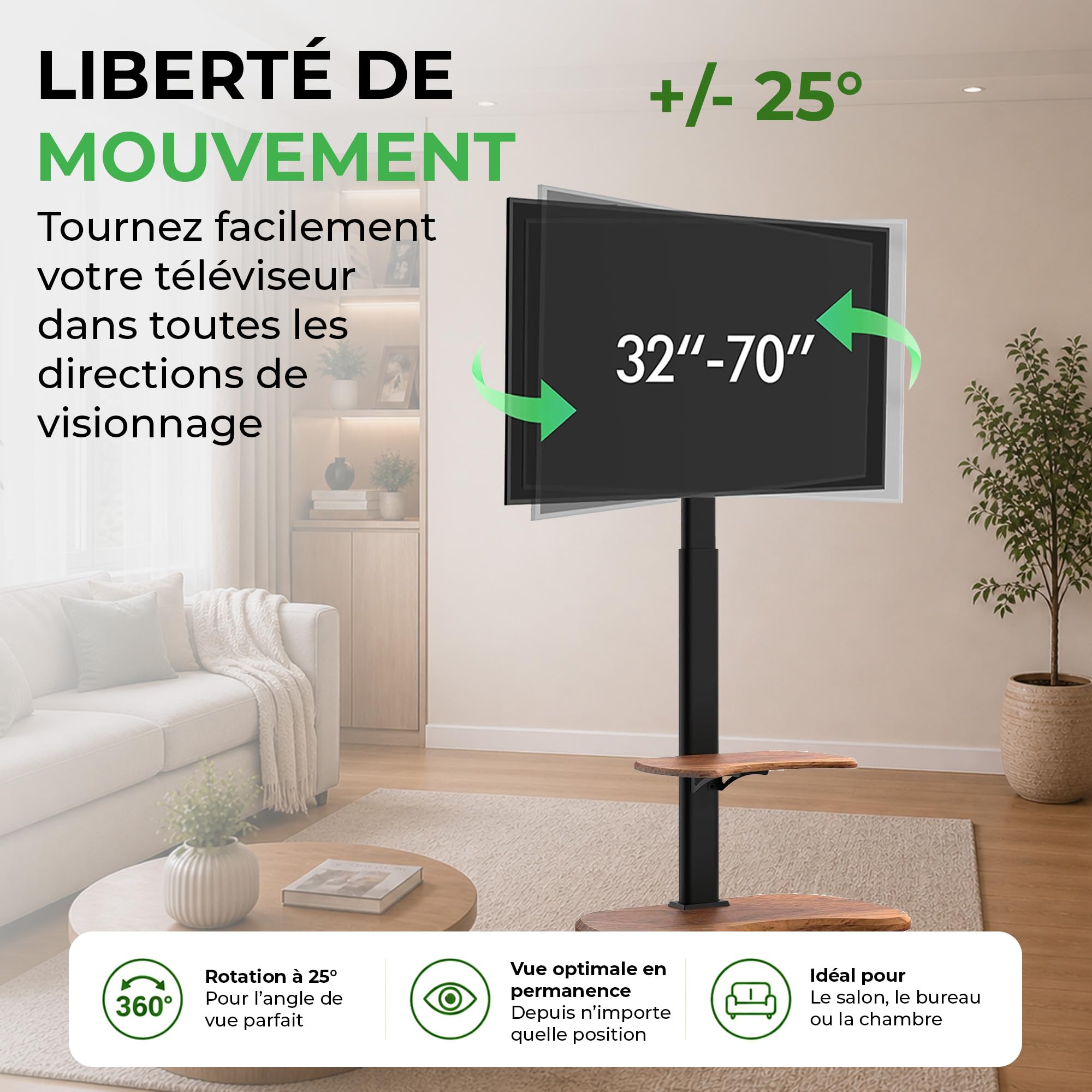 Stellar Support TV Roulant avec Etagère en Bois - Meuble Tele, Chariot Meuble TV à Hauteur Ajustable avec roulettes pour TV 32-70" Jusqu'à 45 kg - Support de TV Universel Max VESA 600x400mm