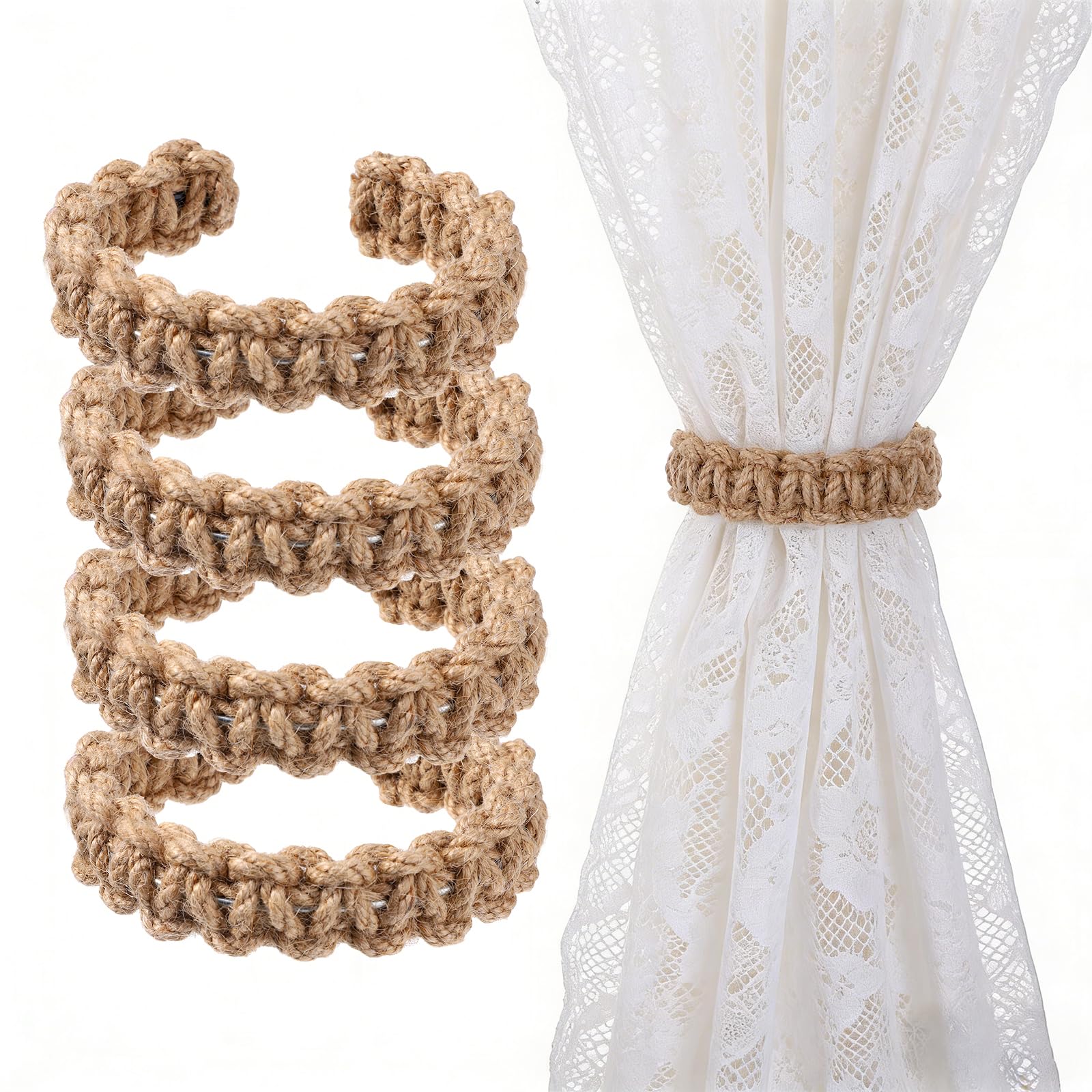 4 Pack Braided Curtain Tie Backs, Linen Color Rope Holdbacks, Boho Style Window Treatment Accessories for Home Office Bedroom