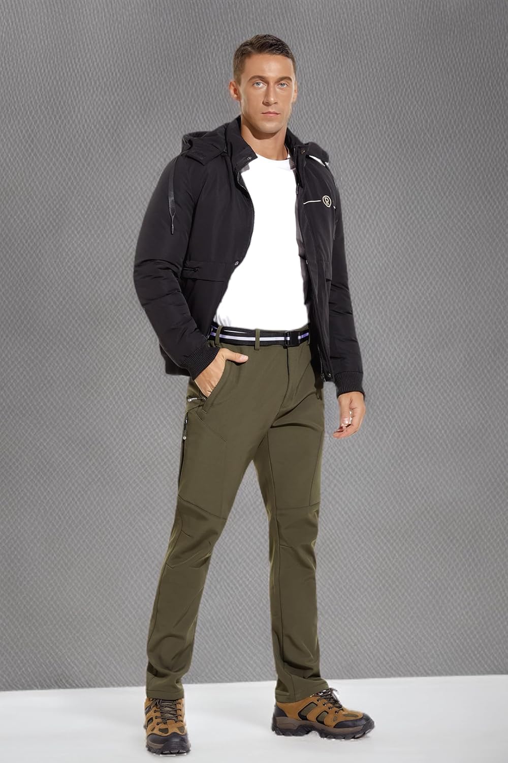 MOURCE Men's Fleece Lined Snow Hiking Pants Water Resistant，Insulated Winter Ski Pants 6 Zip Pockets and Belt - Image 9