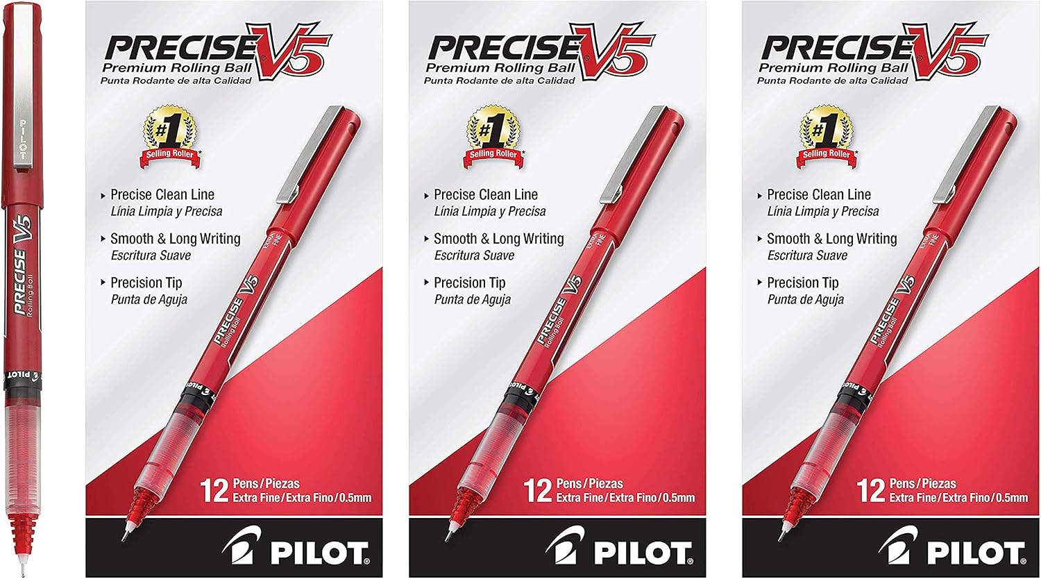 Pilot Precise V5 Stick Rolling Ball Pens, Extra Fine Point, 36 Pens, Red Ink