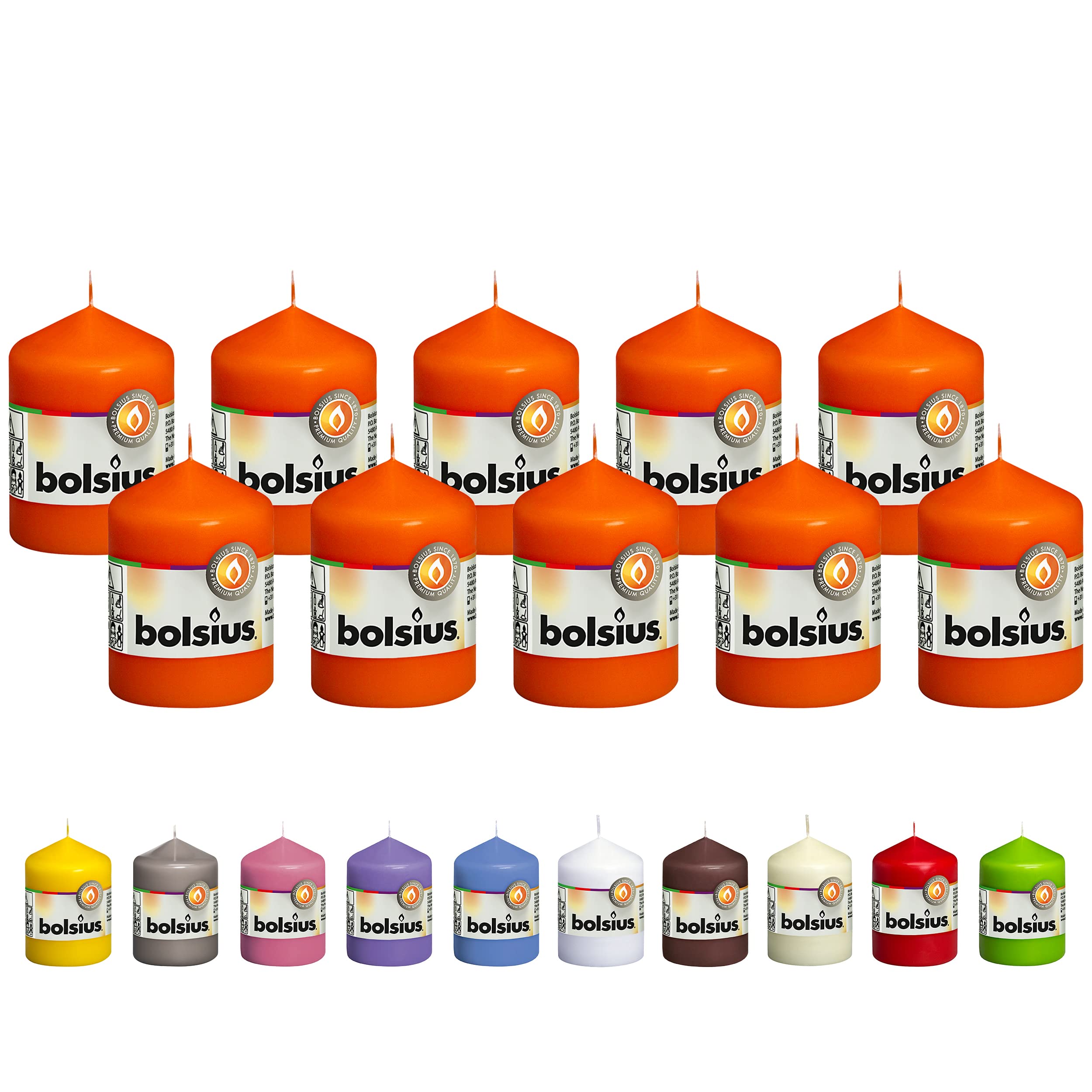 bolsius 10 orange pillar candles - 2.25 x 3.25 inches - premium european quality - individually wrapped - 17 hour burn time - dripless smokeless unscented dinner, wedding, party, & restaurant candles