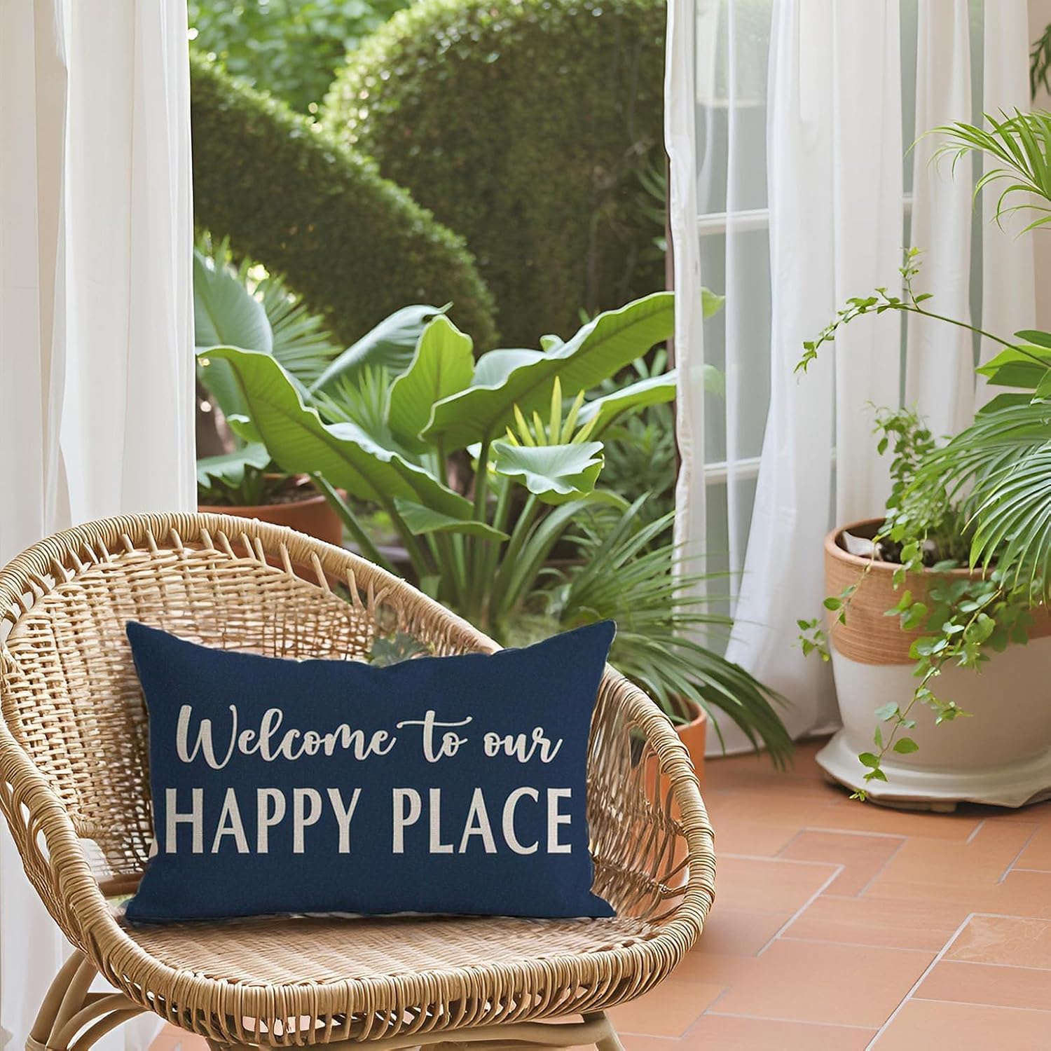Welcome to Our Happy Place Relax Decorative Throw Pillow Covers 12x20 Set of 2 Navy Blue Outdoor Rustic Farmhouse Porch Decor Lumbar Cushion Case Decoration for Home Sofa Couch Living Room - Image 8