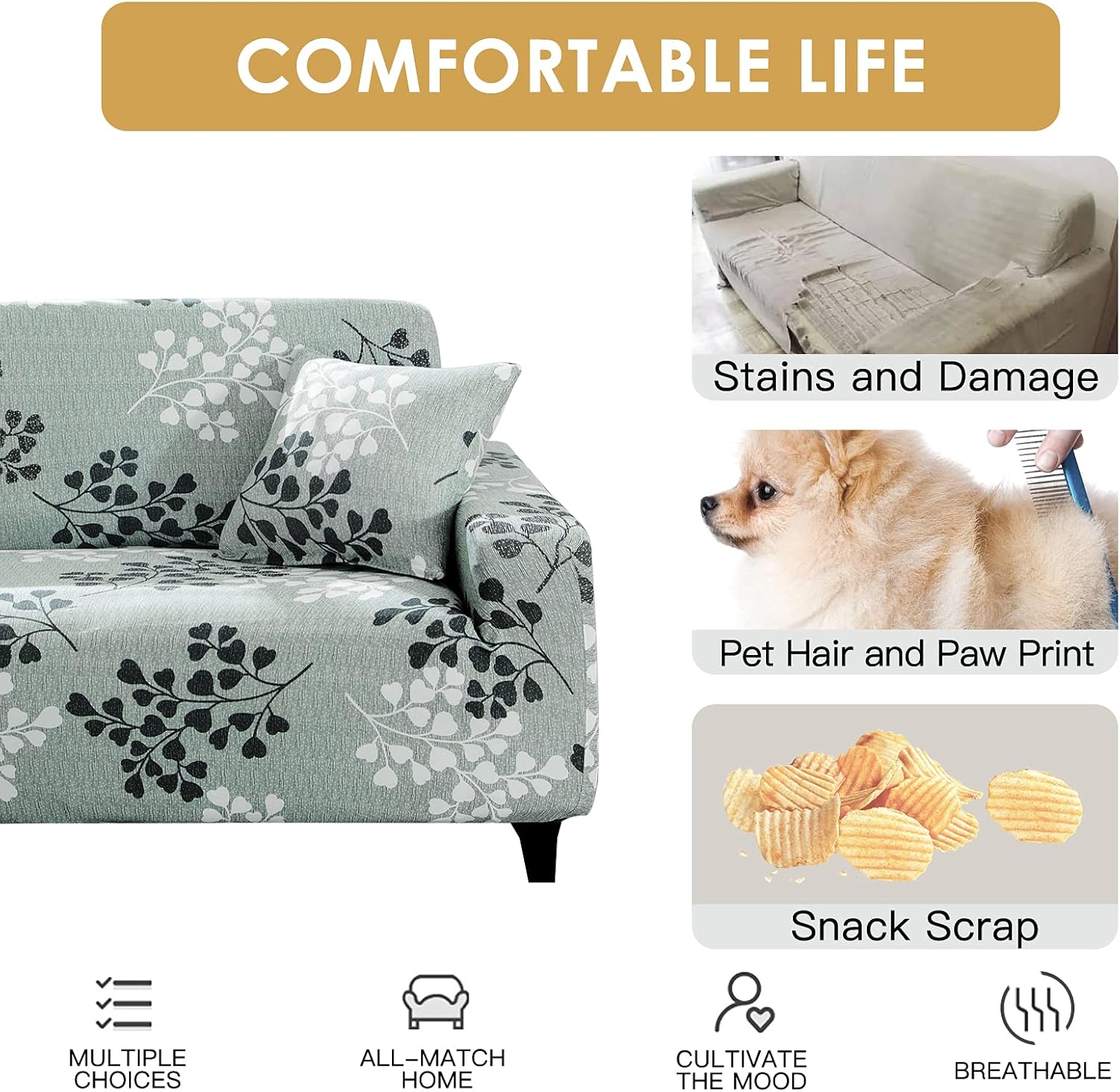 HOTNIU Stretch Sofa Cover Printed Couch Covers Loveseat Slipcovers for 2 Cushion Couches Sofas Elastic Universal Furniture Protector with 1 Free Pillowcase (Medium, Cyan Grey Leaves) : Home & Kitchen