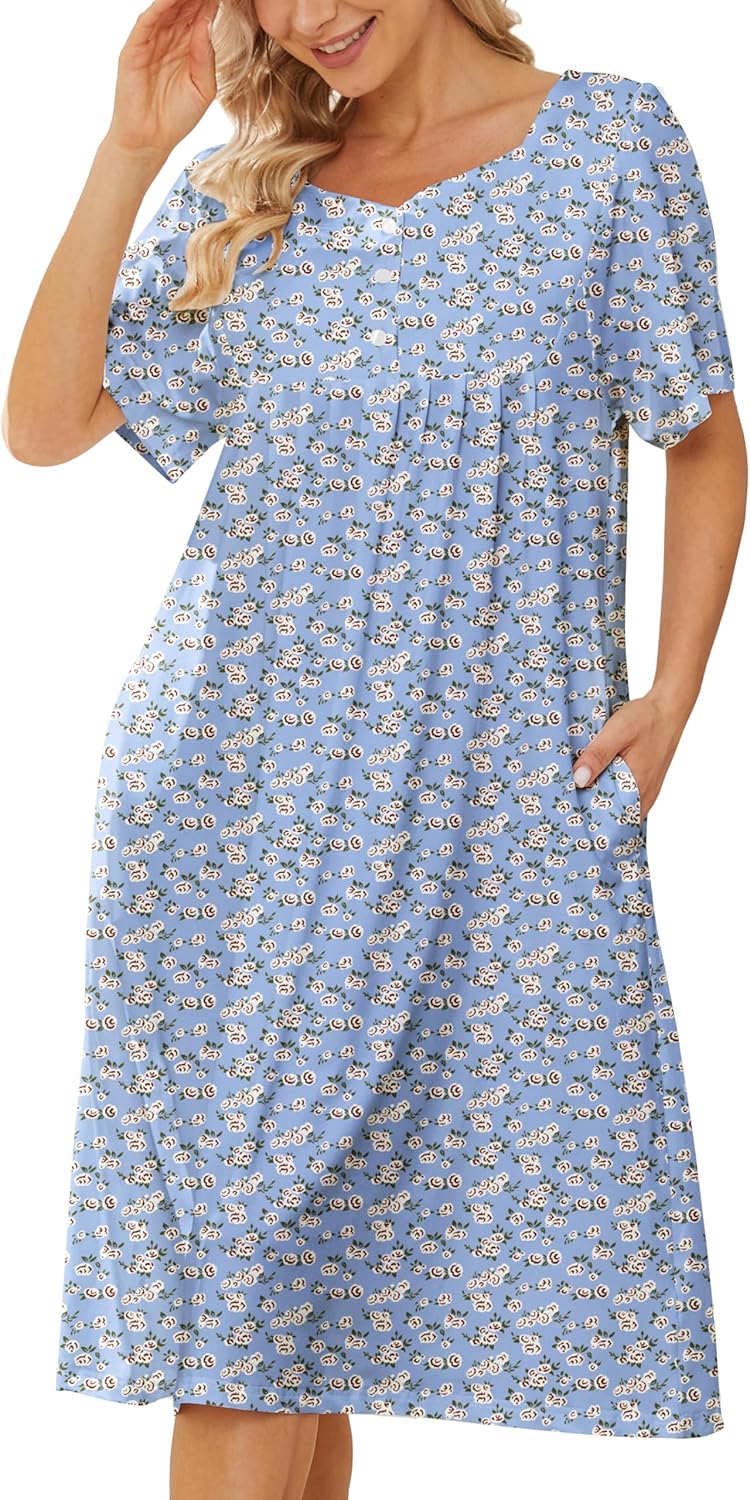 VTUOFC House Dresses for Women with Pockets Floral Cotton Nightgowns Short Sleeve Moo Moos for Women Mumu Moomoo Dress