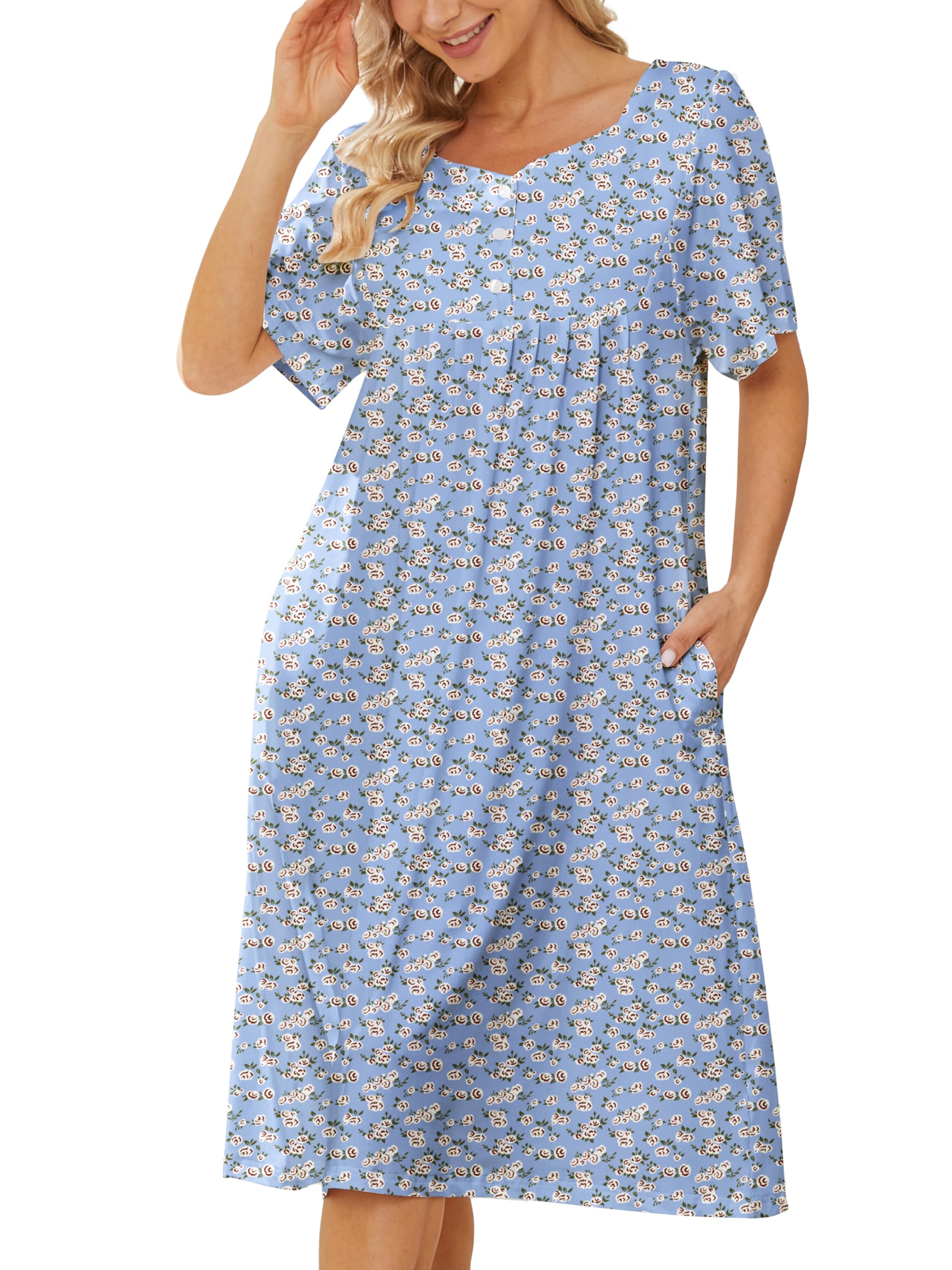 VTUOFC House Dresses for Women with Pockets Floral Cotton Nightgowns Short Sleeve Moo Moos for Women Mumu Moomoo Dress