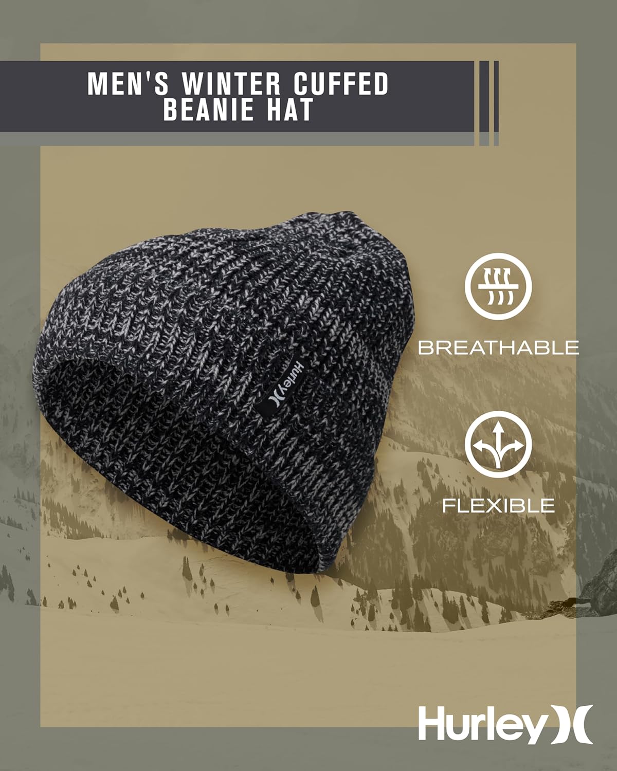 Hurley Men's Cuffed Beanie - Classic Midweight Loose Knitted Winter Hat for Men - Image 2