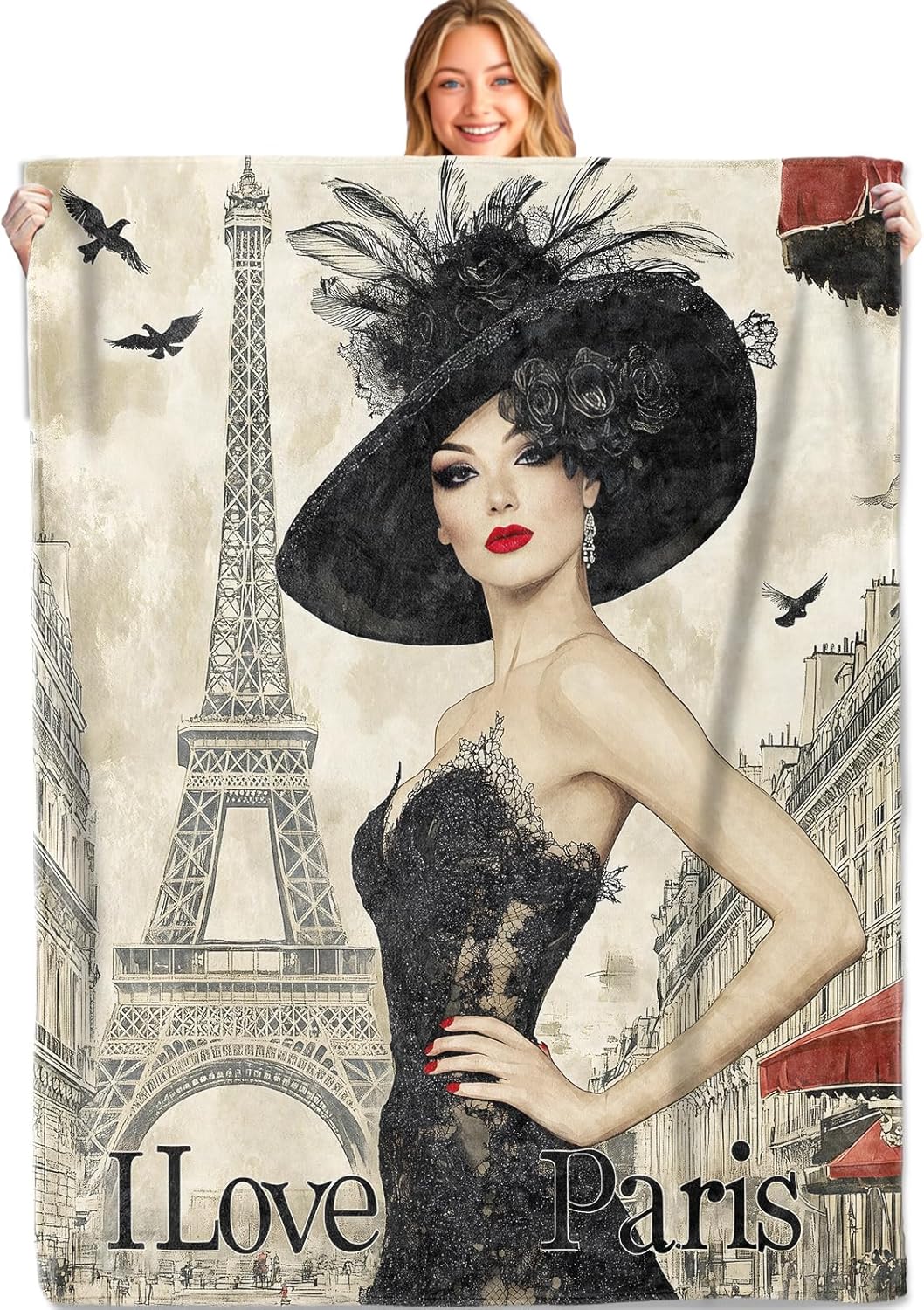 Parisian Elegance Throw Blanket,60x80in,Soft,Lightweight Flannel, Paris Lady Eiffel Tower Vintage French Blankets - Gifts for Kids Women Girls,for Couch Office Travel,Home Living Room Decor