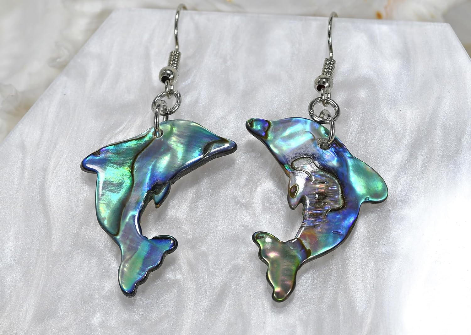 AeraVida Handmade Dolphin Dangle Earrings with Abalone Shell Inlay | Ocean-Inspired .925 Sterling Silver Animal Jewelry | Lightweight Fish Hook Pierced Earrings for Women - Image 5