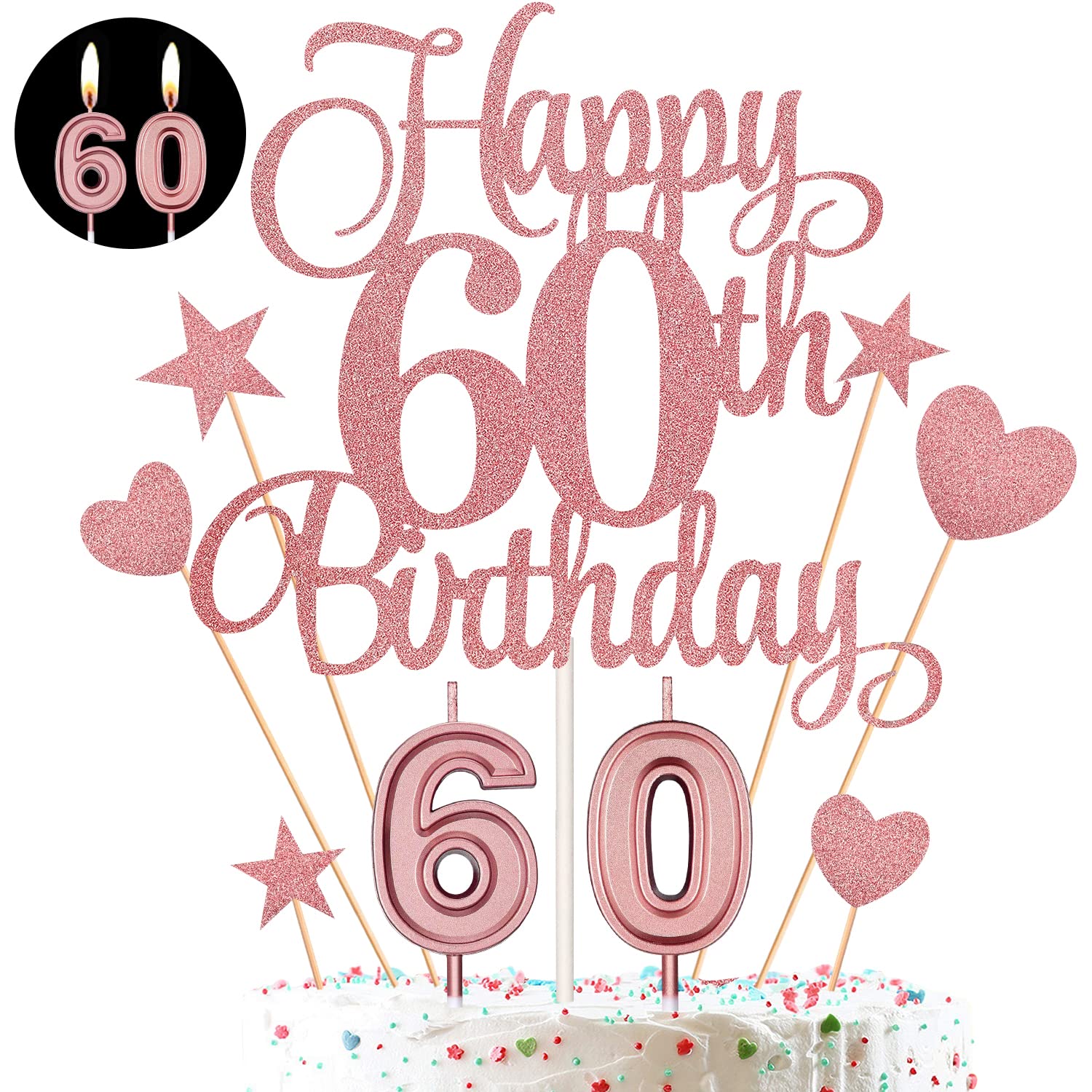 60th Birthday Cake Decorations Set Include 60th Birthday Candles Numeral 60 Cake Candles and Happy 60th Birthday Cake Toppers with Heart Star Cupcake Picks for Birthday Party (Rose Gold Series)