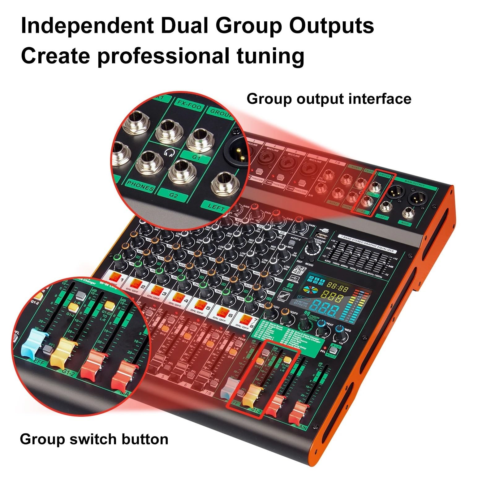 Mezclador de profesional 99 DSP, 8 canales, consola de DJ de doble grupo, alimentación fantasma de 48 V, USB, for escenario, bar y grabación.