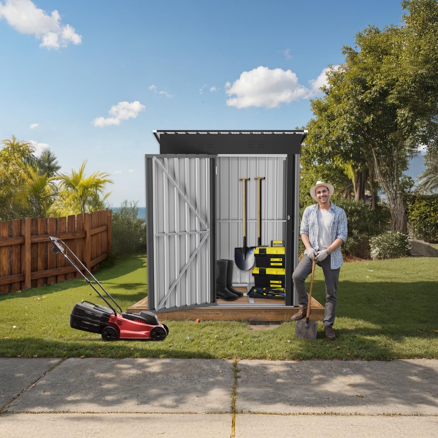 5' x 3' Outdoor Storage Shed, Sturdy Metal Building w/Floor Frame and Lockable Doors for Garden, Backyard, Poolside and Lawn, Grey